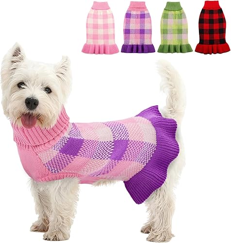 Vestido suéter para perro, ropa de punto a cuadros para perros pequeños y medianos, cálido, cuello alto, elástico, lindo chaleco de otoño e