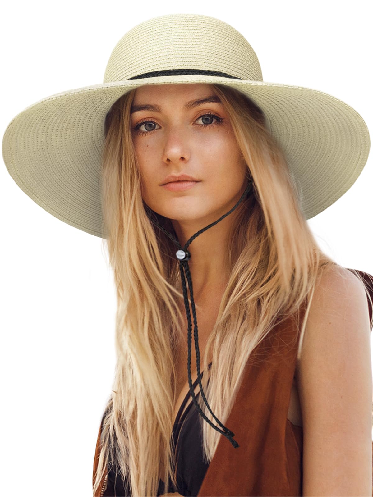 Senker Fashion Sun Hats for Women, Wind Lanyard Wide Brim Straw Hat for Summer Beach Garden Vacation Foldable UPF 50+
