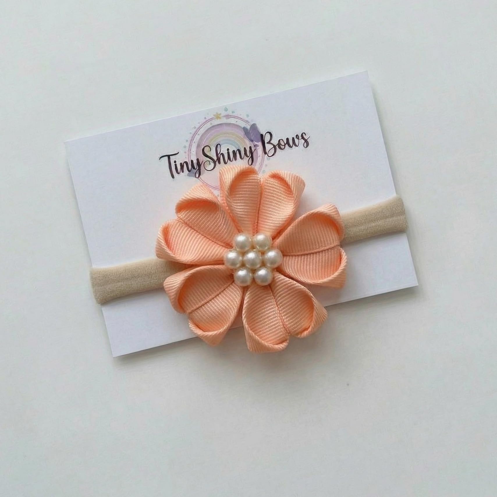 tinyshiny Baby Girl Flower Headband with Pearl Center – Soft Stretch Nylon Hair Band for Infants, Toddlers & Kids (30+ Colors Available) (Peach)-picture-22