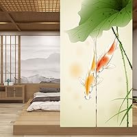 Vista 2 de LIGICKY Cortina de puerta Noren japonesa estilo chino de lino con estampado de hojas de loto y pescado de koi, tratamiento asiático para ventana