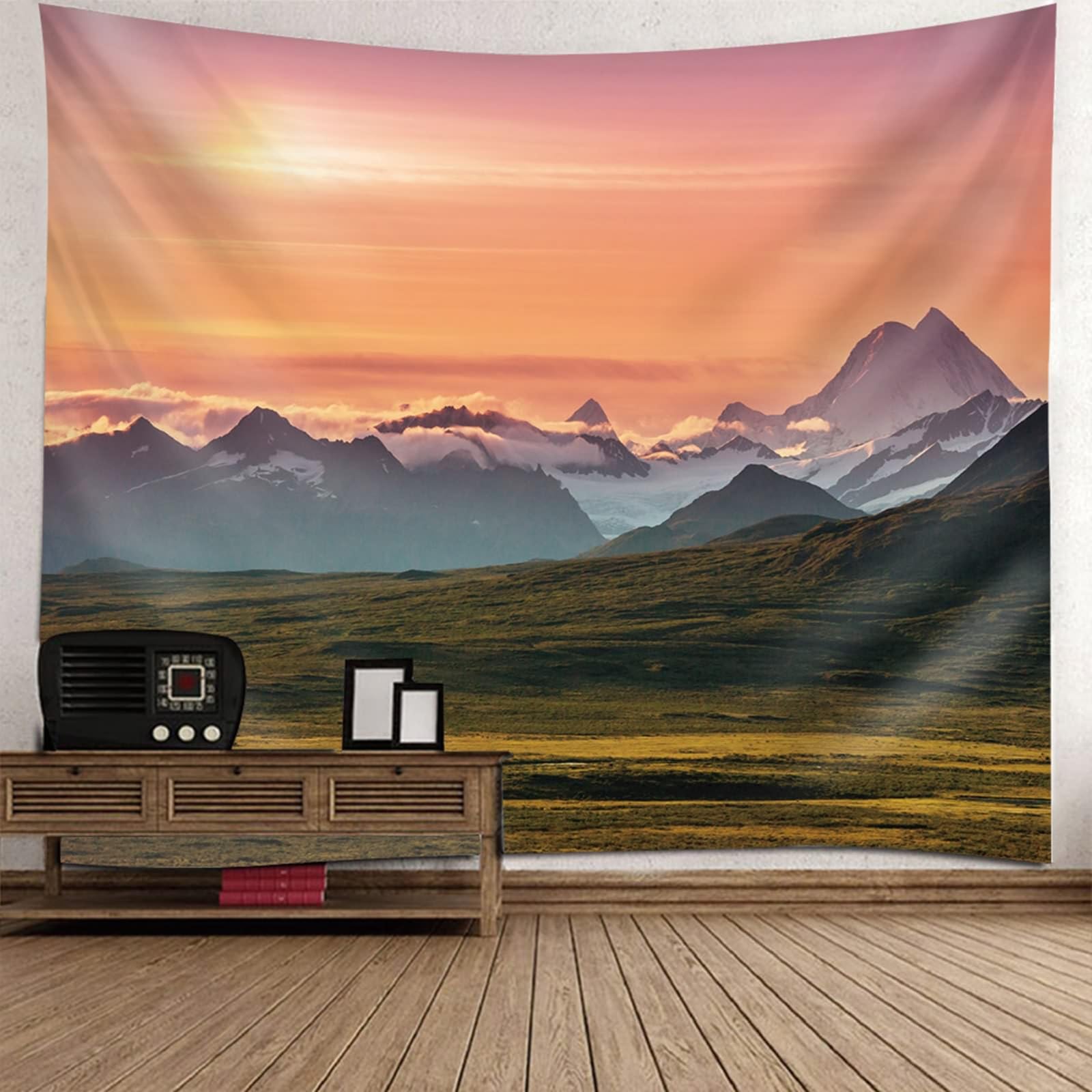 Gualiy Tapisserie Modern Neblig Berge, Wandbehang 260x240 Natur Landschaft Wandbehang für Schlafzimmer Wohnzimmer, Orange Grün