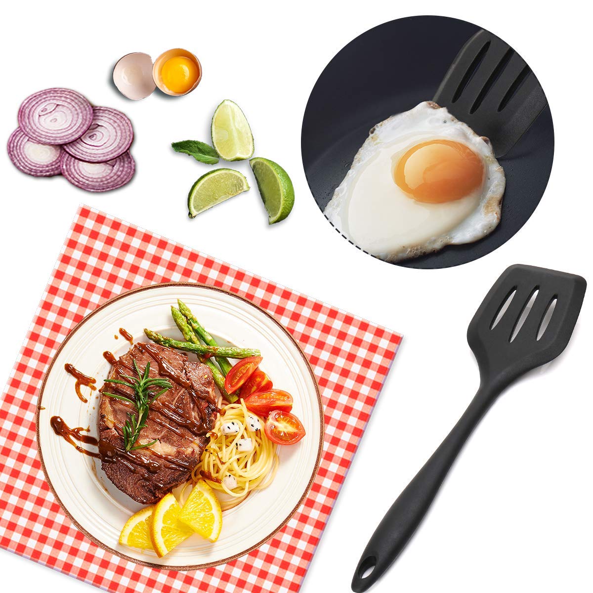 FJNATINH Set per panlikker in silicone, spatole in silicone resistenti al calore, schiumarola e spatola a fessura per antiaderente, acciaio inox e manico in legno tutto in uno! Nero, 4 pezzi