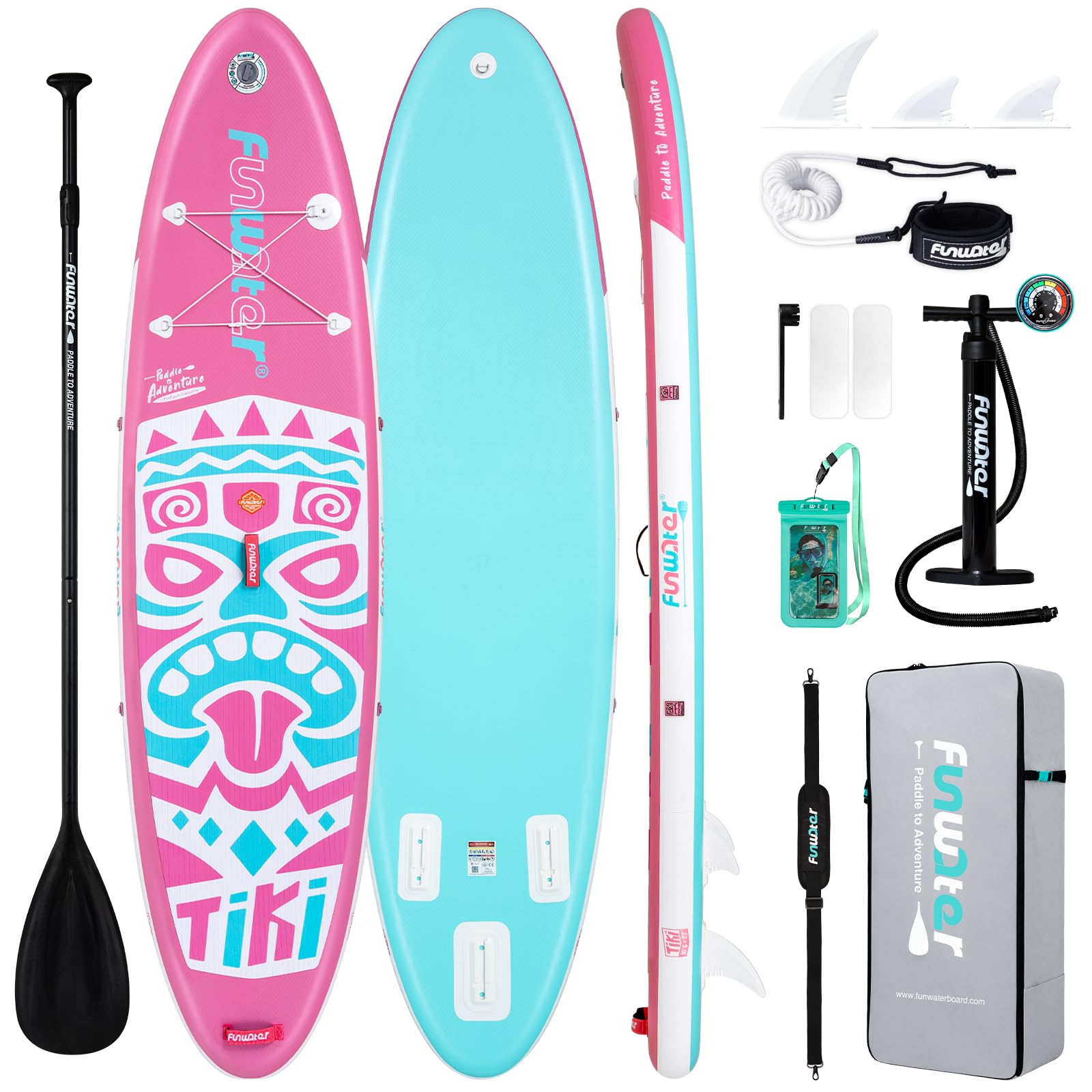 FunWater SUP gonflable ultra léger (8 kg) pour tous les niveaux de compétence, tout inclus avec planche à pagaie, pagaies flottantes Adj, pompe, sac à dos de voyage ISUP, laisse, sac à dos étanche 3 m