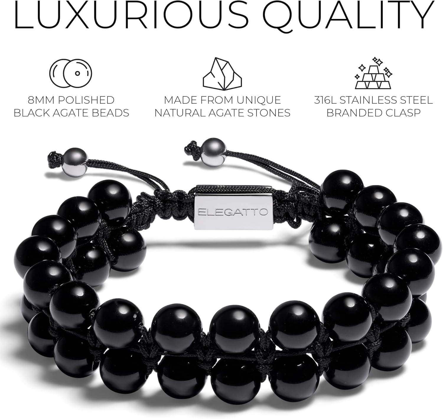 Elegatto GenBlack Premium Black Agate Beaded bracelet for Men | Unique Stones with Silver Polished Stainless Steel Clasp | Men’s Designer Bracelets | One Size (Adjustable) - Image 3