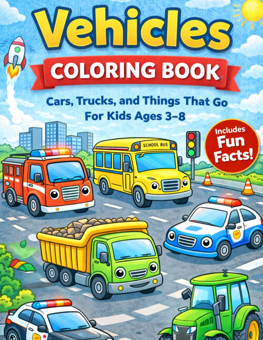 Vehicles Coloring Book for Kids Ages 3–8: Cars, Trucks, and Things That Go with Fun Facts (Fun Animal Coloring Book Series)