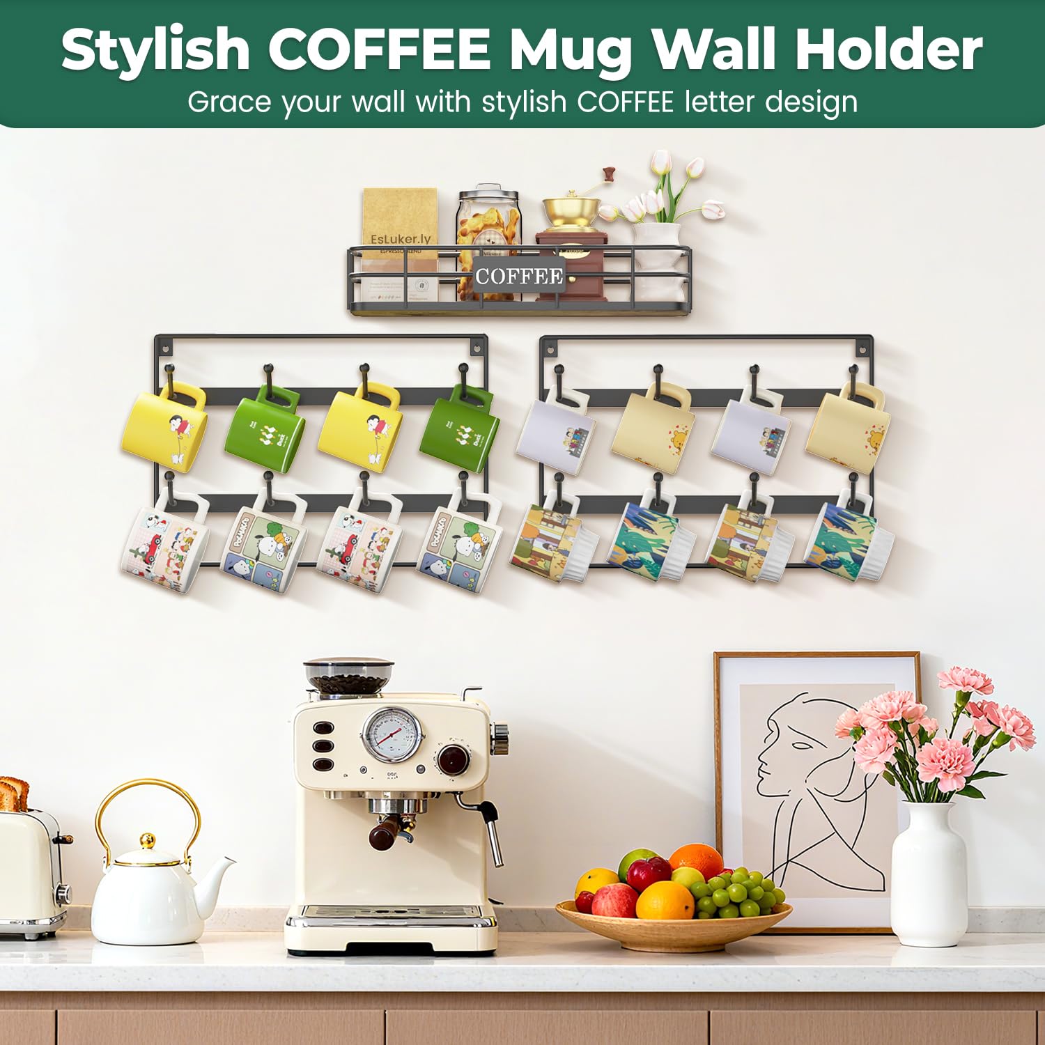 EsLucker.ly Tassenhalter Tassenständer Wand, Tassenregal Tassen Aufhanger Regal für die Wand, Kaffeetassen Regal, Tssenhalter Aufhängen, Platzsparendes Kaffeebar Zubehör, Ideal für Küchen