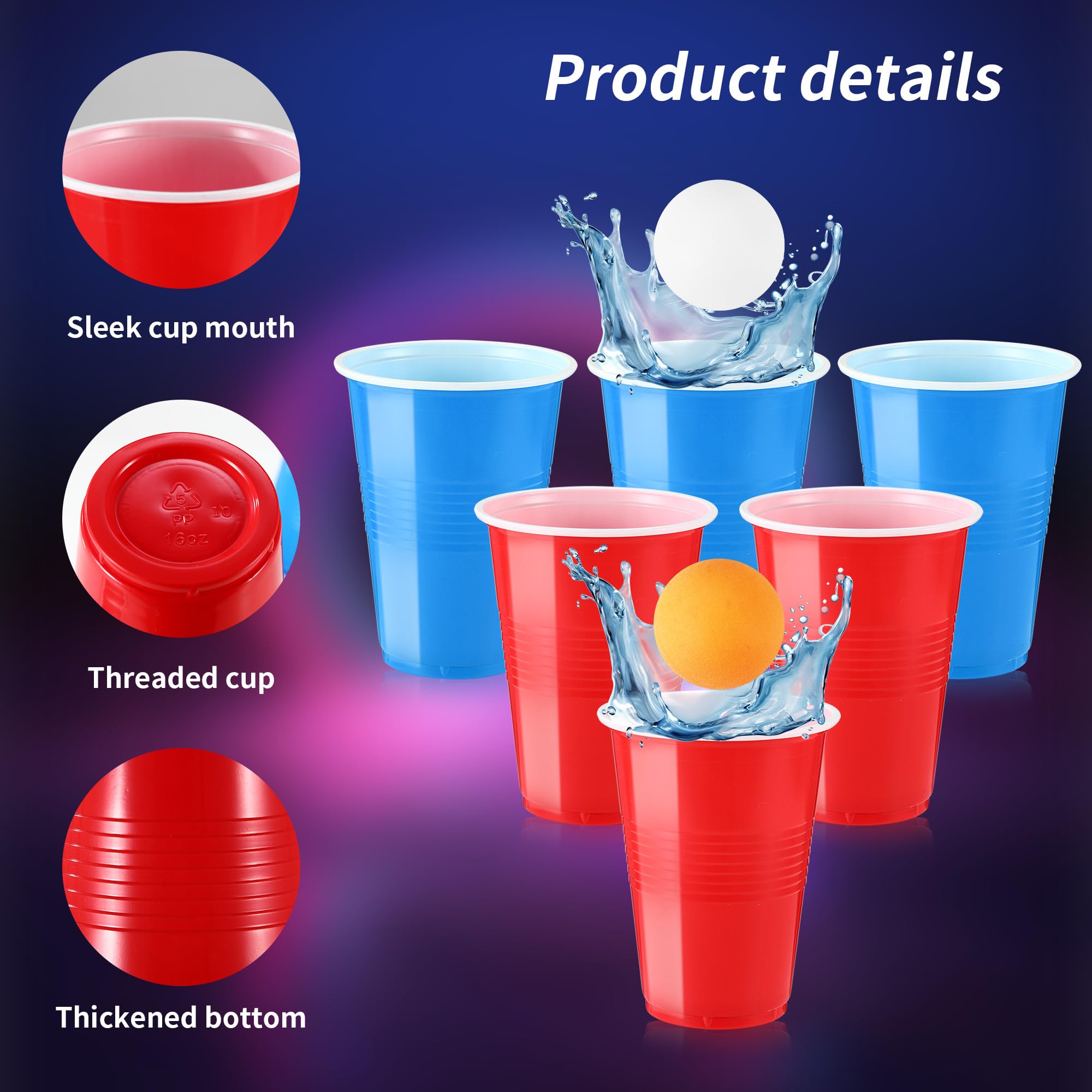 Beer Pong, 50 Bicchieri Beer Pong e 12 Palline da P ing Pong， 500ML Bicchieri da Birra Pong riutilizzabili，Ottimo per Cocktail Party, Giochi alcolici, Feste, Compleanni, Matrimoni, Campeggio