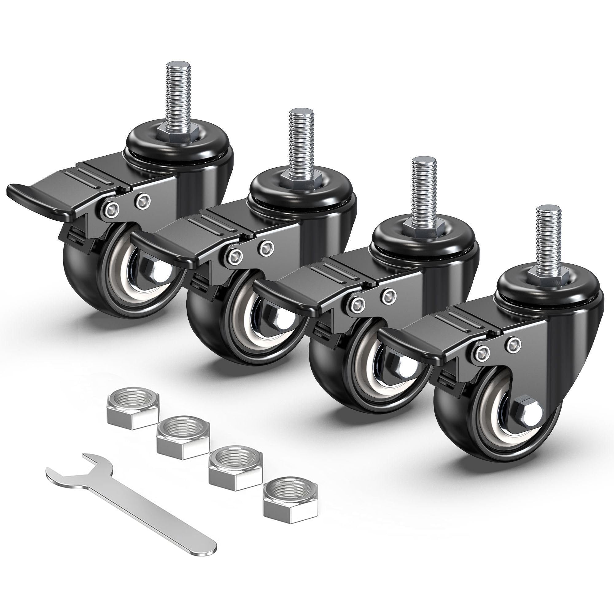 HOLKIE Stem Caster Wheels 2 inch Total Locking Casters Set of 4, Threaded Stem 3/8" -16 x 1 (Diameter 3/8", Length 1") Swivel Heavy Duty Castors Black
