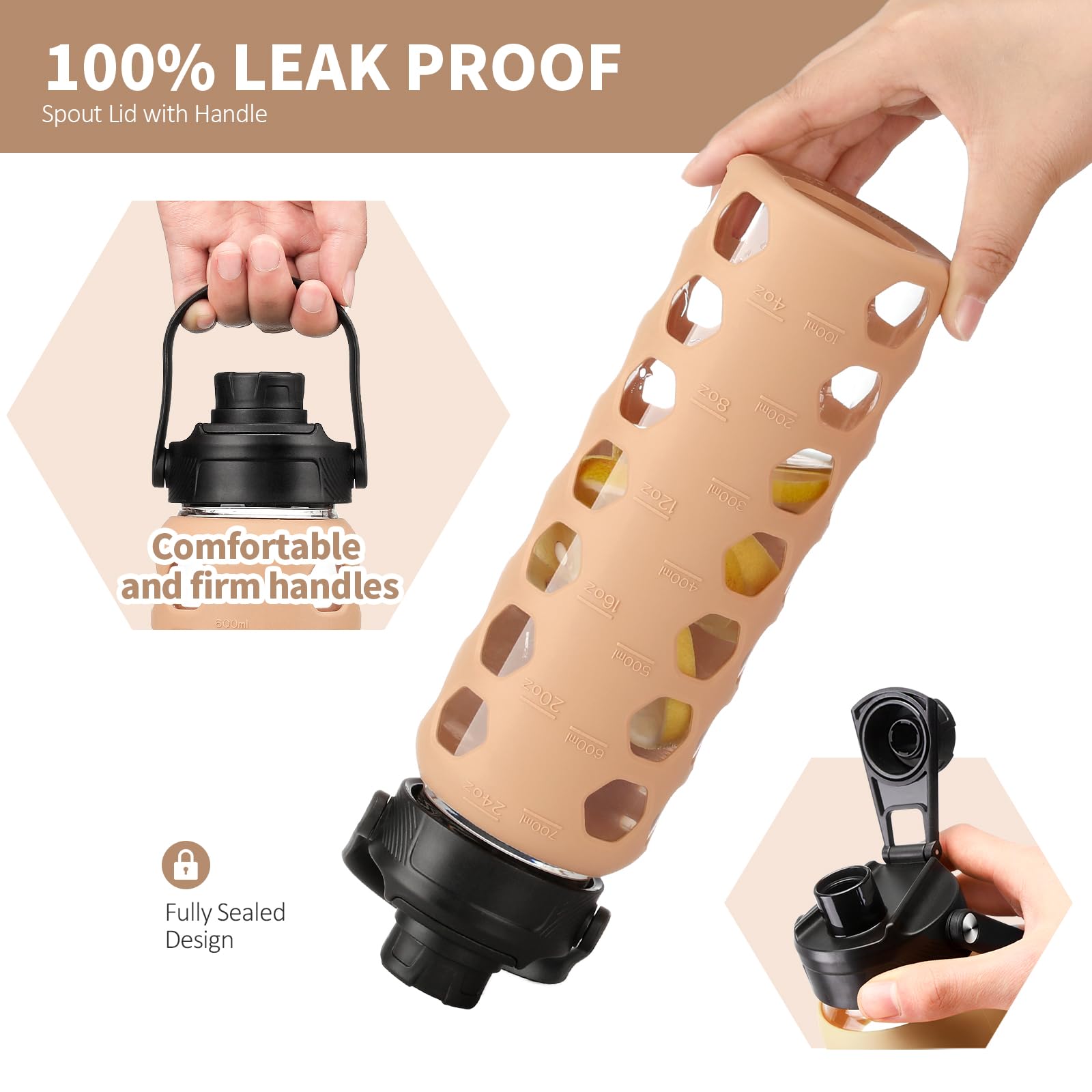 HYDRAGLAZIC 700ML Glass Water Bottle with 2 Flip and Bamboo Straw Lids Sports Water Tumbler with Time Reminder and Silicone Sleeve Leak-proof BPA Free - Image 3