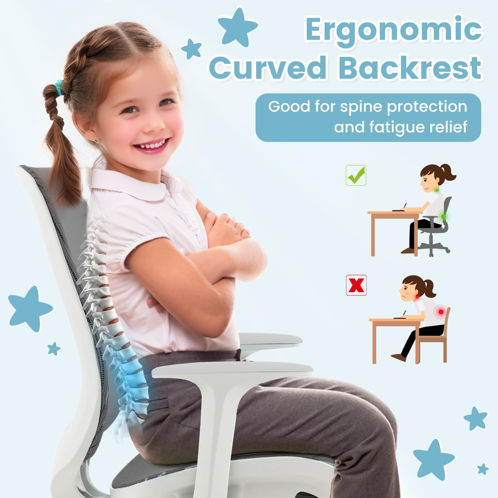FANTASK Ergonomischer Schreibtischstuhl Kinder, Höhenverstellbar 43-55cm, 360° Drehstuhl mit Rückenlehne & Armlehnen, Bürostuhl mit 5 arretierbaren Rollen, für Kinder ab 6 Jahren (Grau)