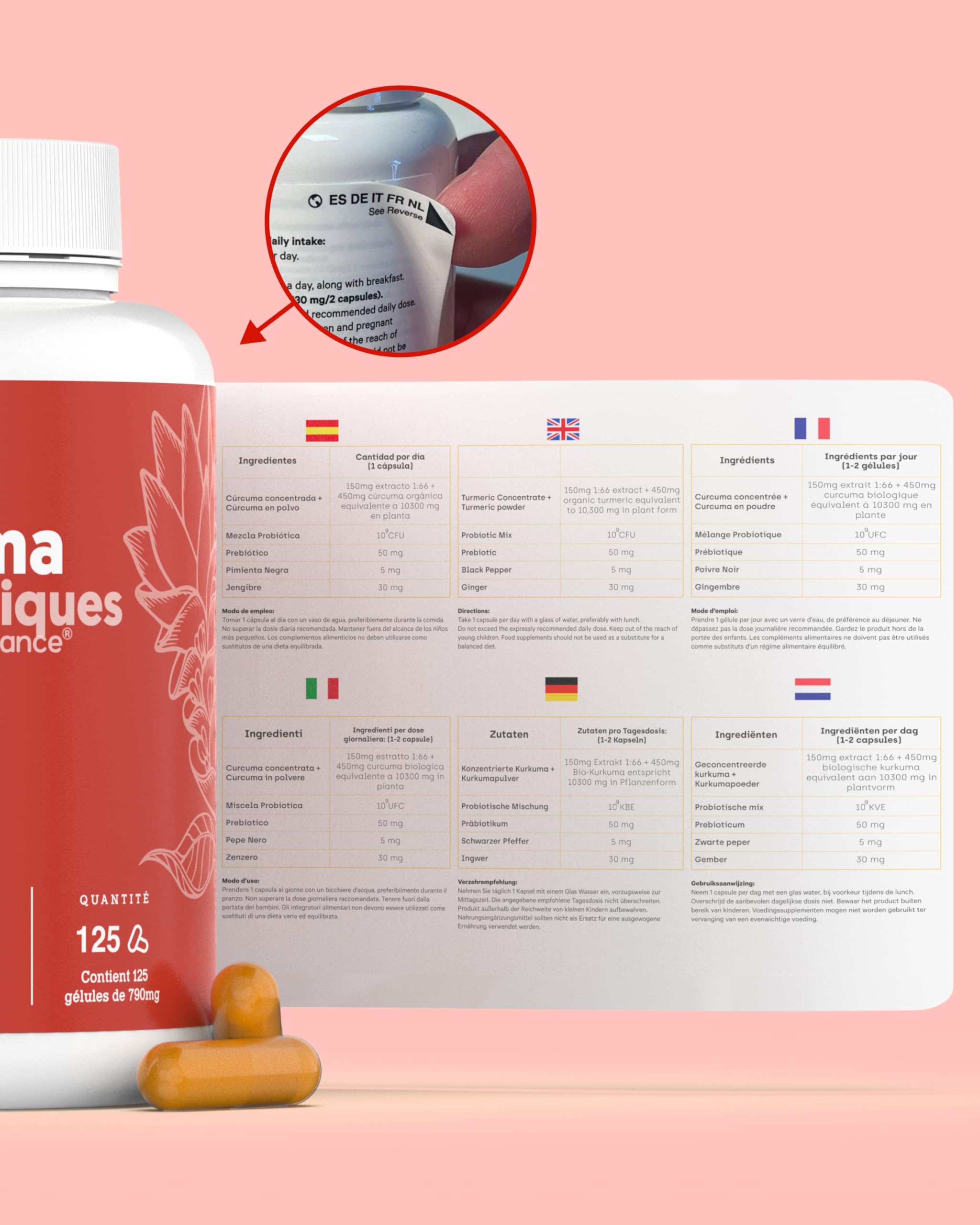 Curcuma avec PROBIOTIQUES et PRÉBIOTIQUES | Très Haute Concentration (>95%) | 10300 mg | Anti-inflammatoire pour le Bien-être Articulaire, Musculaire, Osseux et Digestif | 125 jours | 1 gélule/jour