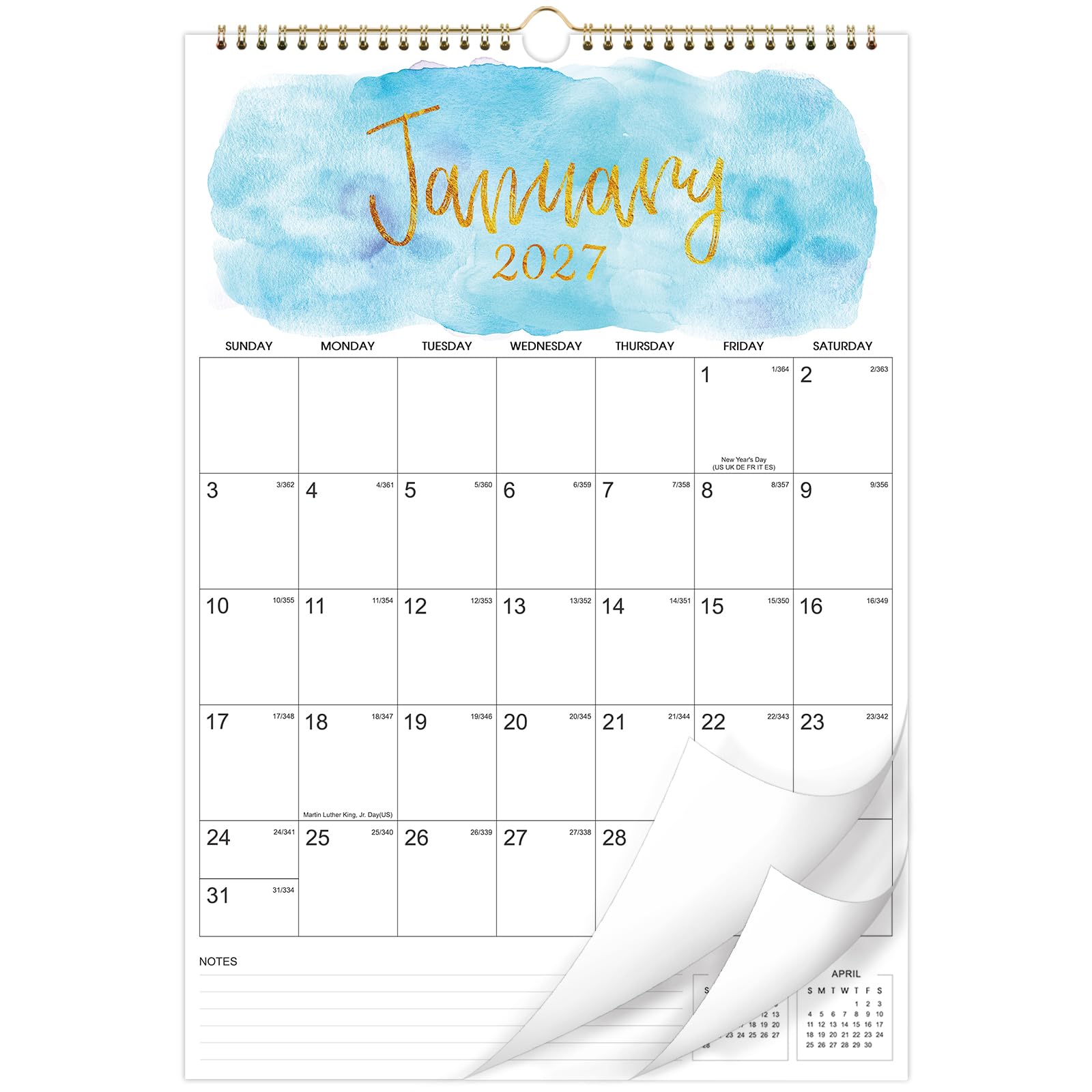 2027 Wall Calendar - Hanging Wall Calendar 2027 from January 2027 - December 2027, 12" x 17", Twin-Wire Binding, Large Blocks with Julian Dates, Perfect for Planning