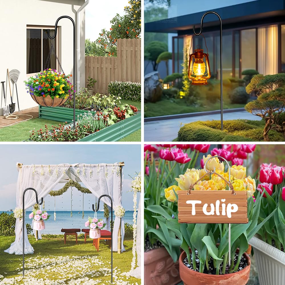 4 Pezzi Gancio da Pastore per Esterni 100cm, Asta da Giardino Regolabile In Metallo Utilizzata con Quattro Ganci per Esterni Giardino Uccelli Luci Solari Cestini Lanterne Decorazione