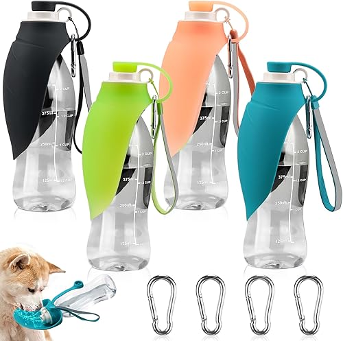 4 botellas de agua portátil para perros con hebilla de 20 onzas a prueba de fugas, dispensador de agua para mascotas con taza para beber, cuenco