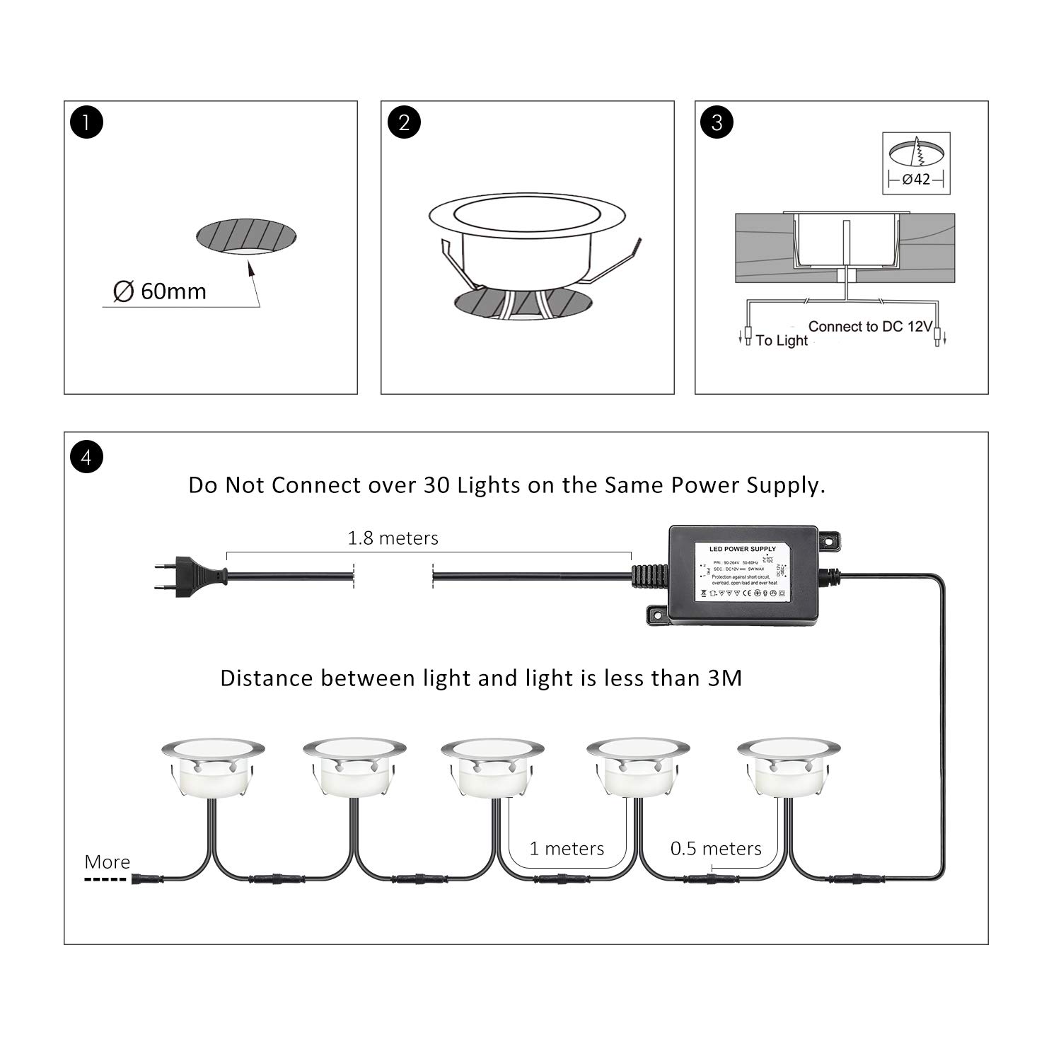 10 LED-Einbauleuchten für Terrasse, 1,5 W, wasserdicht, IP67, LED-Spot, Außenlampe, für Garten, Treppe, Pool, Warmweiß