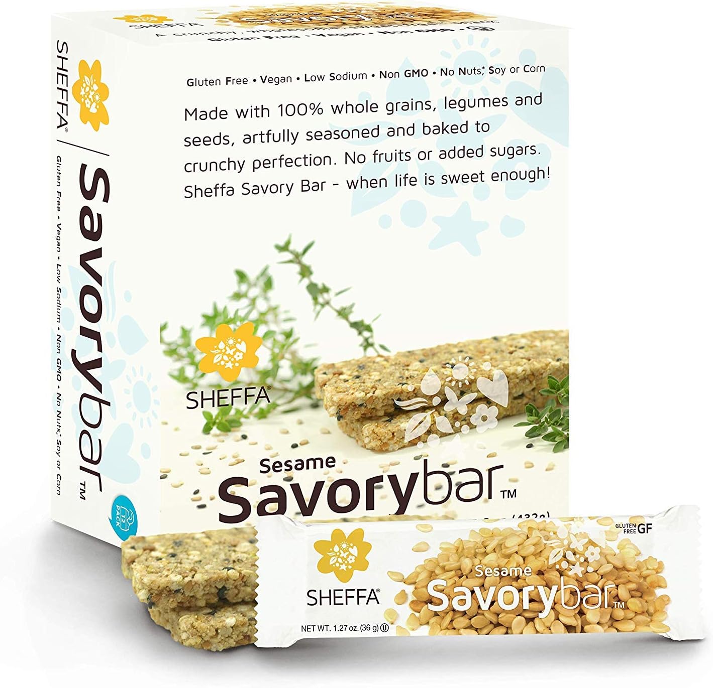 Sheffa Savory bar Sesame Seasoning 1.27 Oz (12 Pack) Sugar Free, Low Sodium, Kosher, Vegan Kind Healthy Crunchy Snack Bars for Weight Watchers, Keto, Natural Protien Energy, Breakfast Lunch Bread