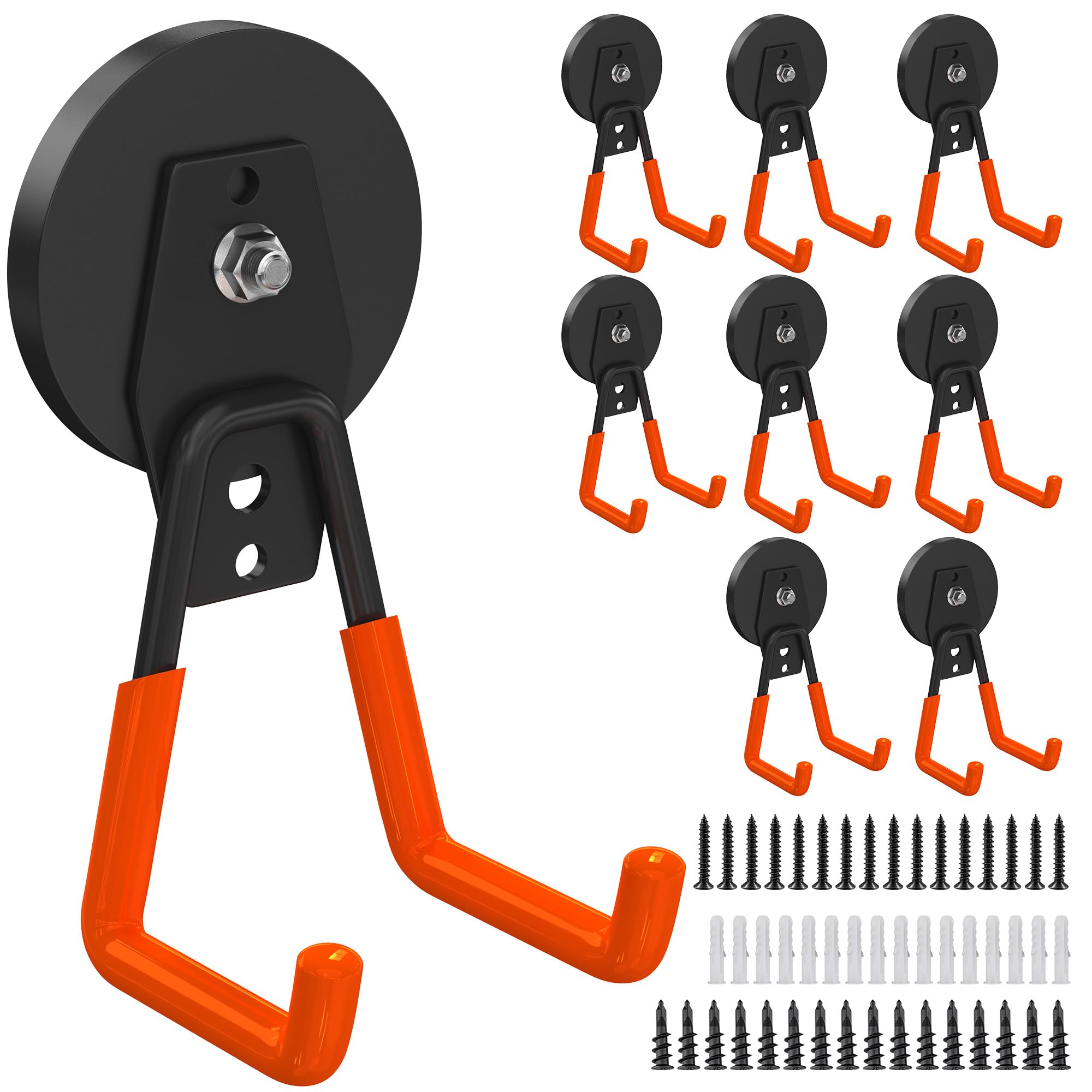 8 Pack Heavy Duty Storage Magnetic Utility Hooks Large Garage Strong Extra Magnet Hooks Hanger with Anti-Slip Coating Heavy Duty Magnetic Hooks for Hanging Power Dril Garage Garden Tools Orange