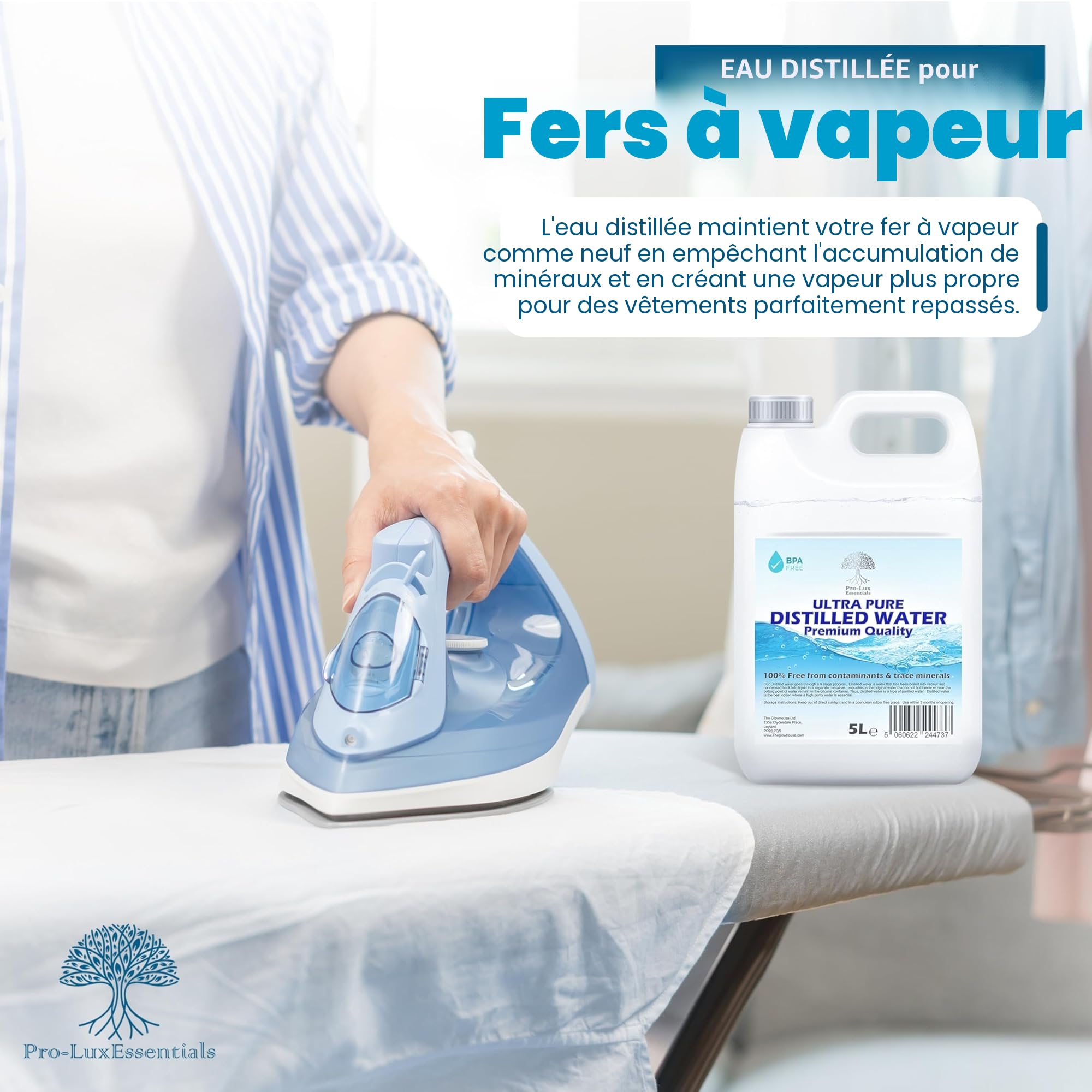 Eau distillée 100% pure - pour PPC, fer, humidificateur, nettoyage, moteurs et plus encore - Fabriquée au Royaume-Uni (5 litres)