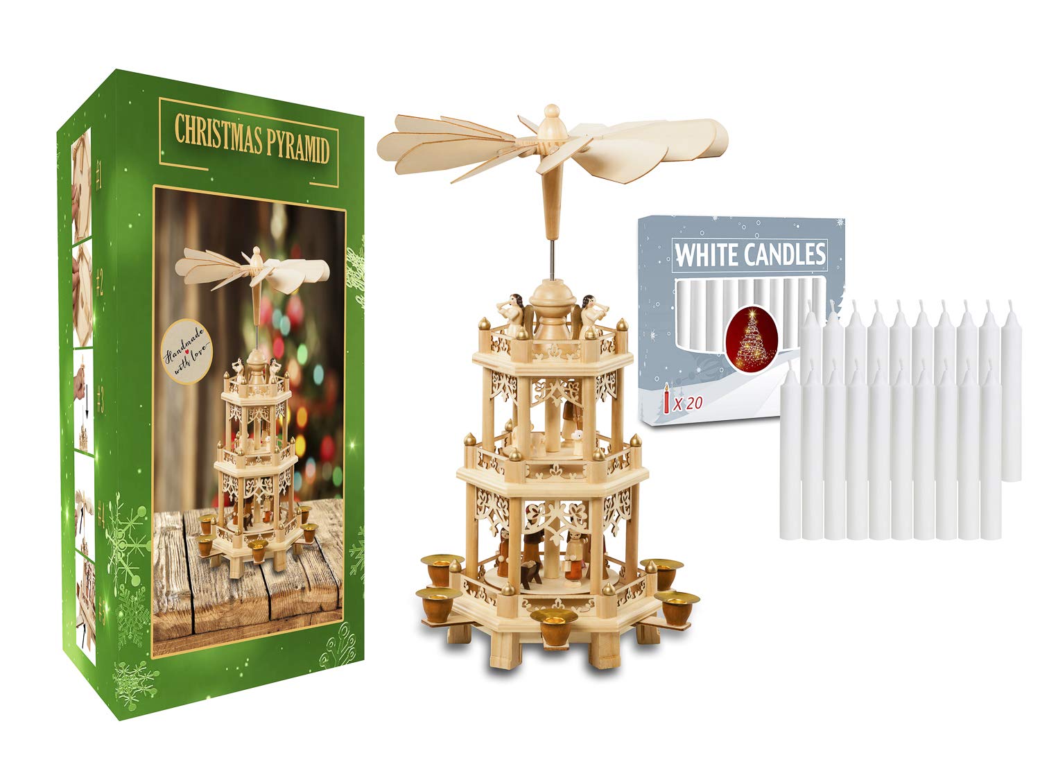 USA SUPREMEGerman Christmas Decoration Pyramid-18 Inches -with 20 pcs White Candles Included-Wood Nativity Scene -Christmas and Tabletop Holiday Décor -Carousel-German Design (18 Inches 2.0)