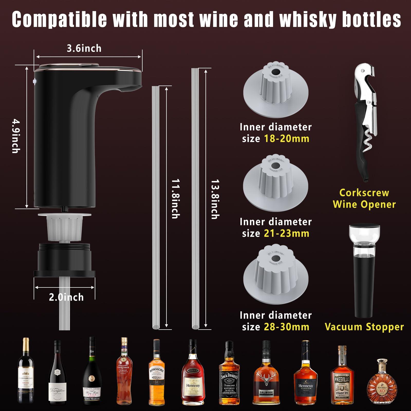 Aérateur de vin électrique, distributeur de vin rechargeable et décanteur, bec verseur quantitatif de 1 à 999 ml, autonettoyant et écran tactile LED, bec verseur automatique pour les amateurs de vin