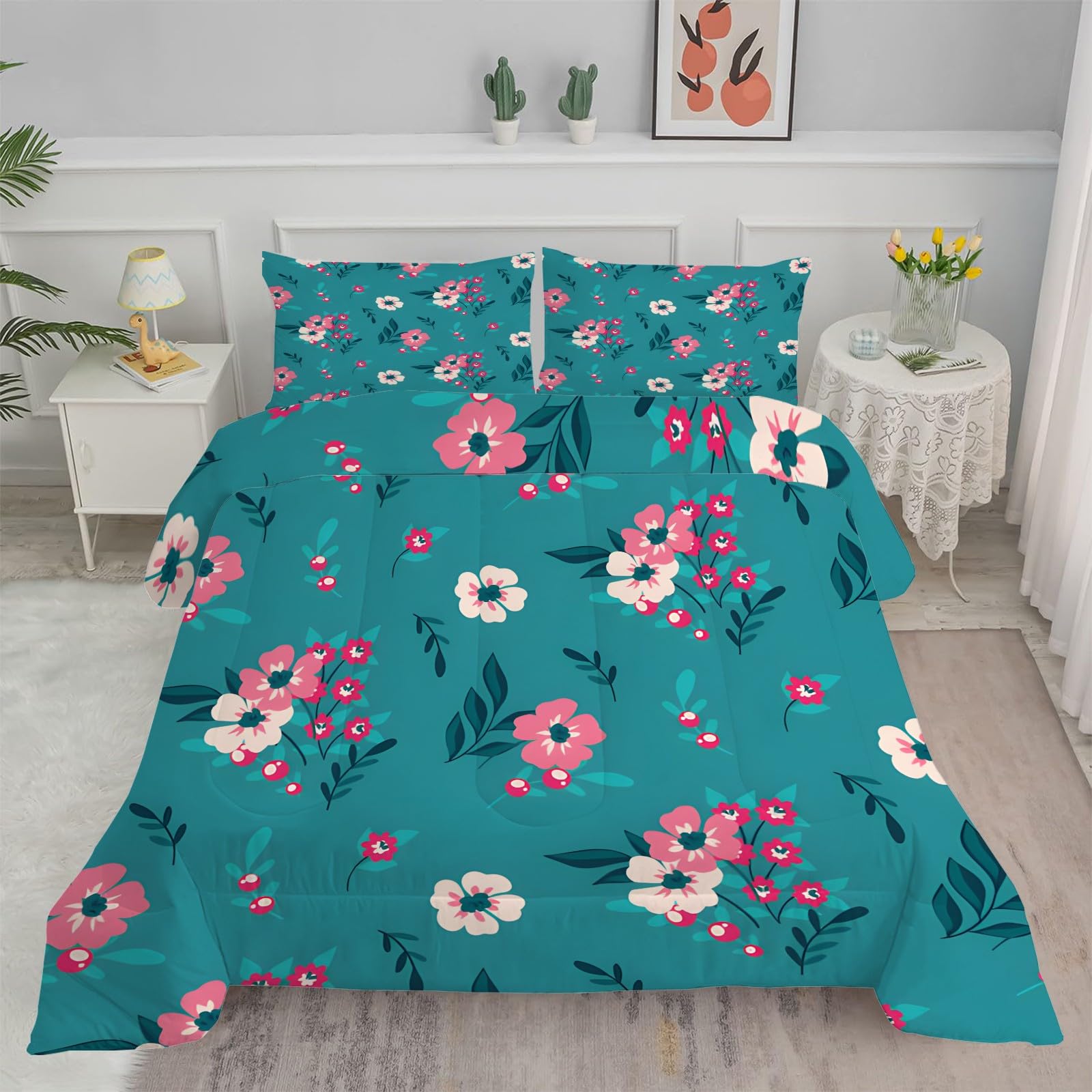Kołdra 220 x 240 4 pory roku Kołdra 2 osoby 220 x 240, kołdra z nadrukiem 220 x 240 z motywem kwiatowym Kołdra bez poszwy można prać w pralce, 1 dwustronna kołdra i 2 poszewki na poduszki Niebieski