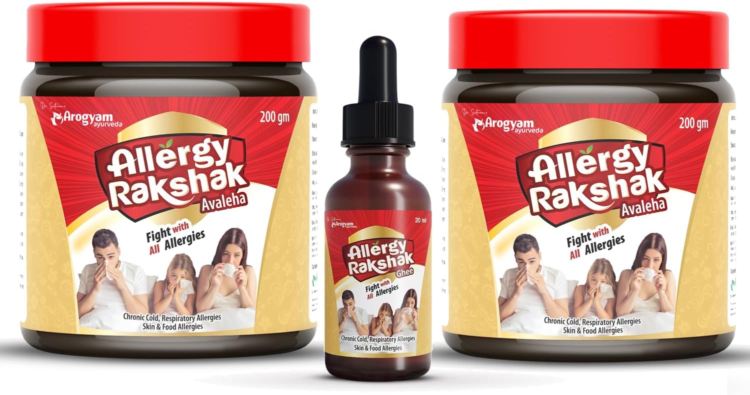 - Dr. Satnam’s Arogyam Ayurveda Allergy Rakshak Combo – Allergy Rakshak Avaleha (200 g) & Nasal Ghee (20 g) | Ayurvedic Immunity Booster for Cold, Cough & Respiratory Allergies I Combo 2 Pack Avaleha & 1 Nasal Ghee
