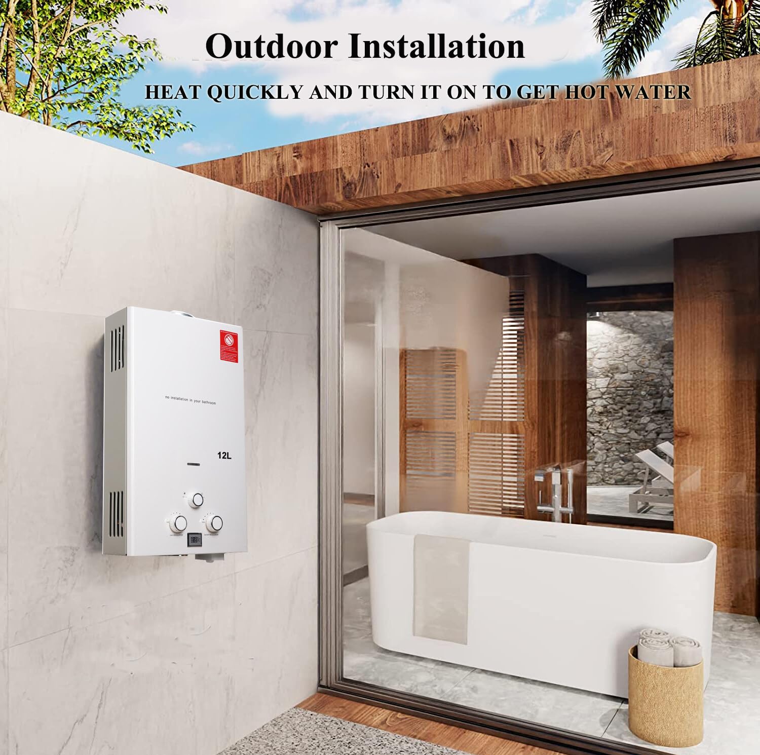 Calentador de Agua Sin Tanque 12L 24 KW Calentador de Agua a Gas Propano Instantáneo con Alcachofa de Ducha para Uso Doméstico en Vehículos Recreativos al Aire Libre