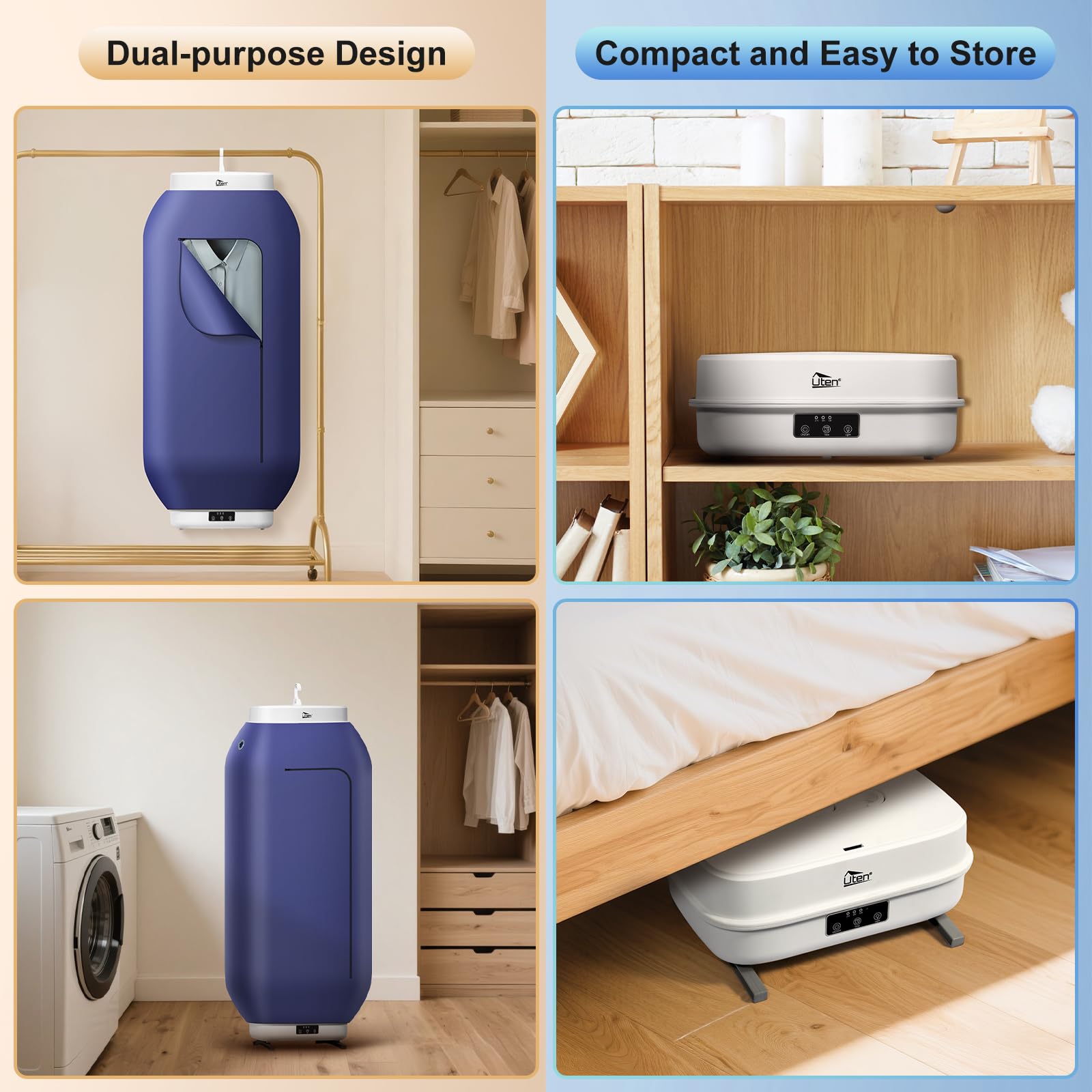 Uten Portátil Secadora de Ropa, 600W Secadora Eléctrica con Temporizador, Doble Uso De Pie y Colgante, para Viajes de Negocios, Dormitorios, Apartamentos y Hoteles — view 4