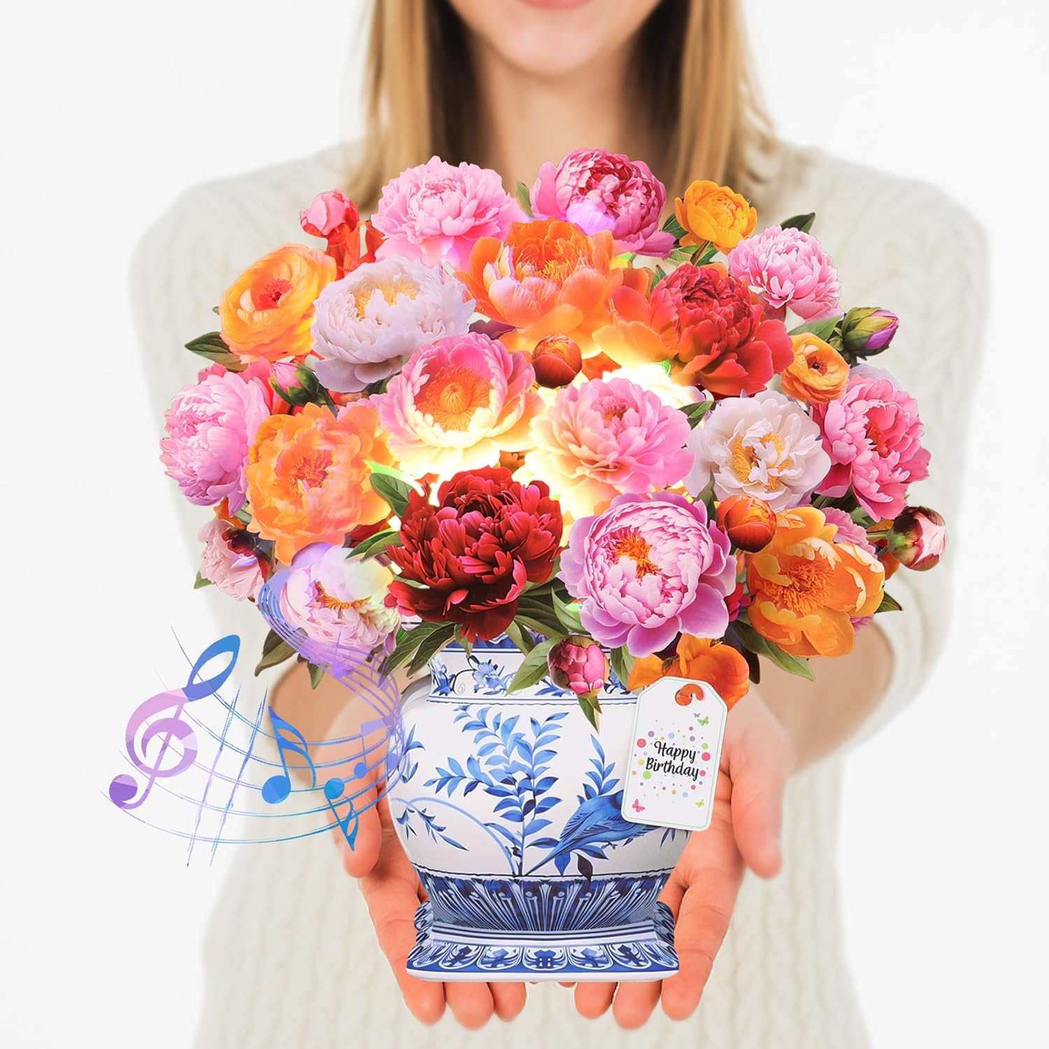 CUISH Pop Up Birthday Card with Music and Lights Life Sized 3D Paper Flower Bouquet – Greeting Card for Women, Mom, Wife, Daughter, Grandma – Birthday Gift with Envelope - Peony — image 1