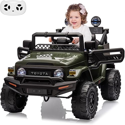 Camión con licencia de 12 V, 7 AH, con control remoto, funciona con pilas, con suspensión de resorte, neumáticos EVA, USB, música, luces LED,