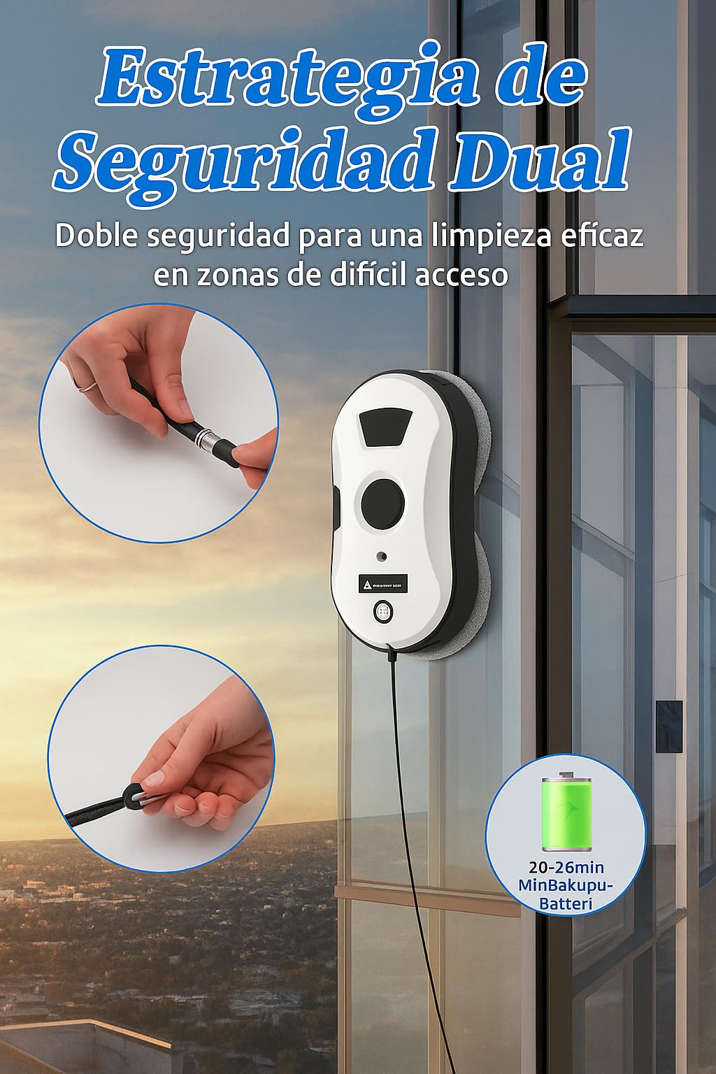 Genérico Robot Limpiacristales 3 en 1 con Spray Automático – 5600 Pa de Potencia, Control por App y Mando, Sistema de Seguridad Anti-caídas, 8 paños de Microfibra Gratis.