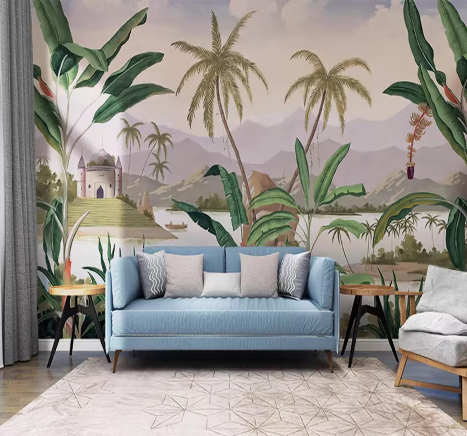 Hand Drawn Fresh Tropical Plants Castle 3D Wallpaper Easy Install Feature Office Living Room Sofa Bedroom TV Background Wall Decoration-400cm×280cm