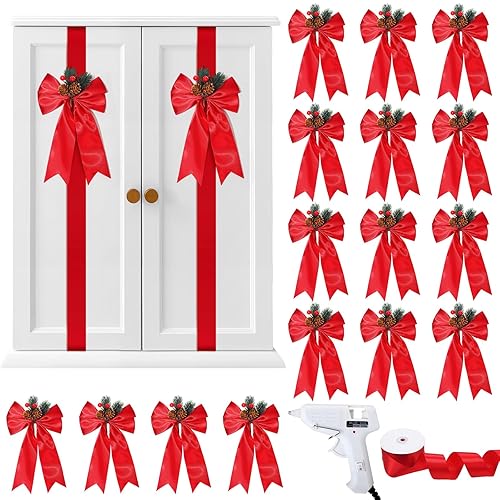 Daifunli 16 Pcs Christmas Cabinet Ribbon Bows with Pine Cone Decor DIY Large Red Cabinet Bows with 30 Yard Ribbon Xmas Decoration for DIY Christmas Tree Door Home Holiday Home Kitchen Gifts Supplies