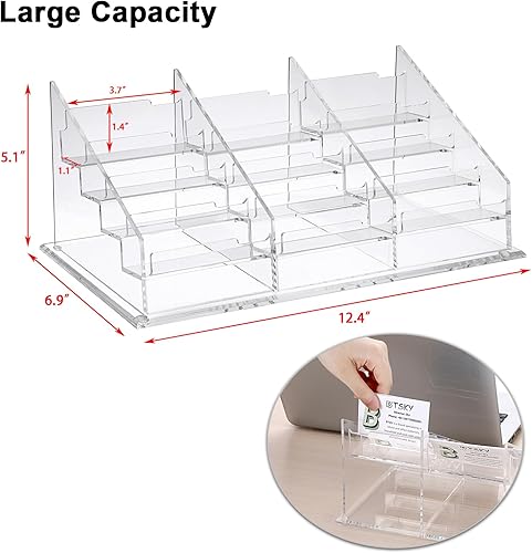 Miniatura 4 de BTSKY Tarjetero de acrílico transparente para escritorio, 4 niveles y 12 bolsillos, organizador de tarjetas de visita acrílicas, soporte para