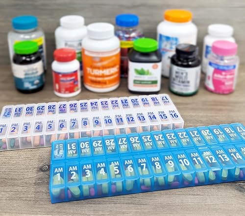 Miniatura 8 de Juego de planificador mensual de pastilleros dos veces al día, organizador de medicamentos AM y PM durante 31 días. El juego contiene 2