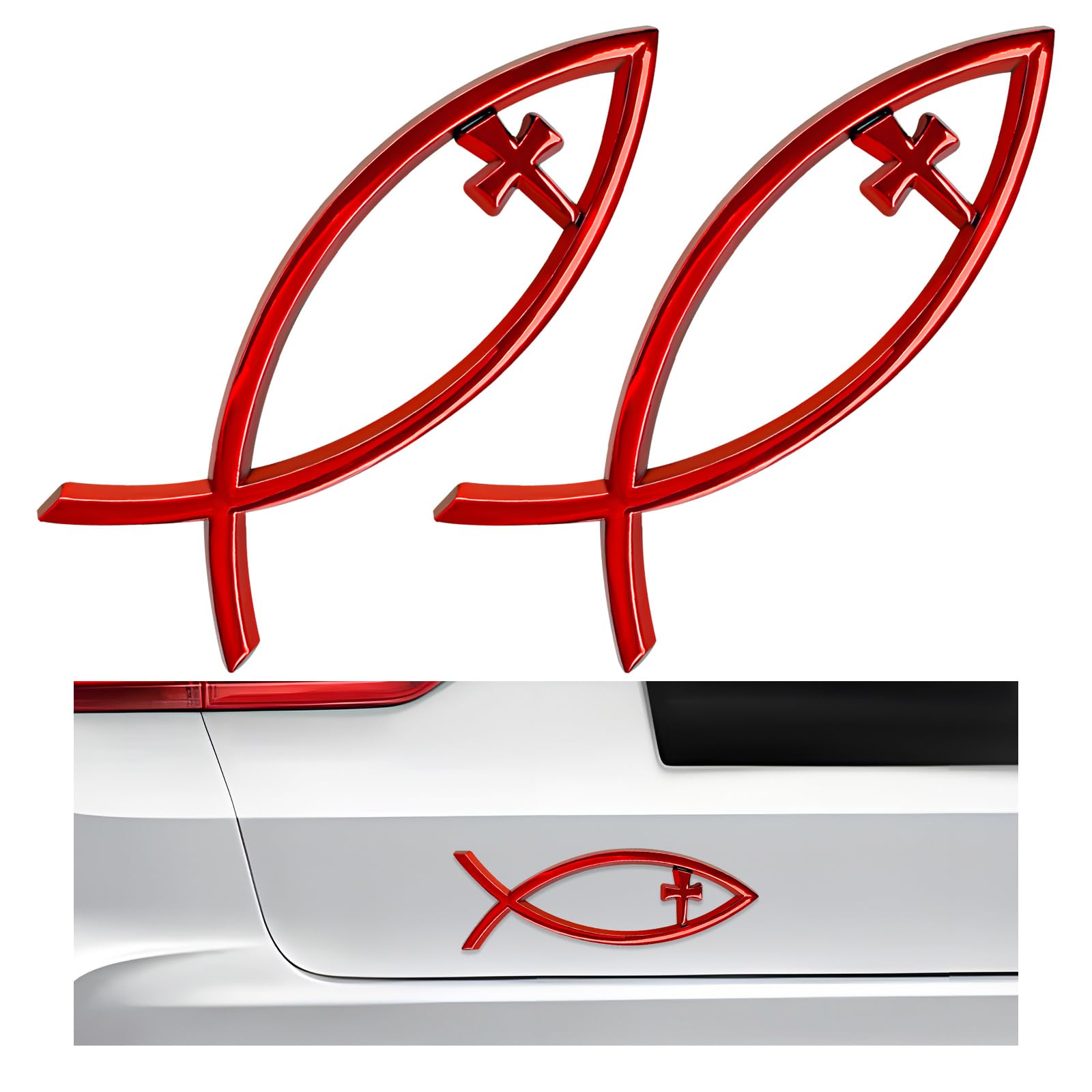 2PCS Christian Cross Fish Car Emblem, Large Jesus Fish Cross Auto Emblem Badge Bumper Sticker, Weatherproof Christian Fishes Symbol Ichthus Religious Decal for Most Vehicles (Red+Red)
