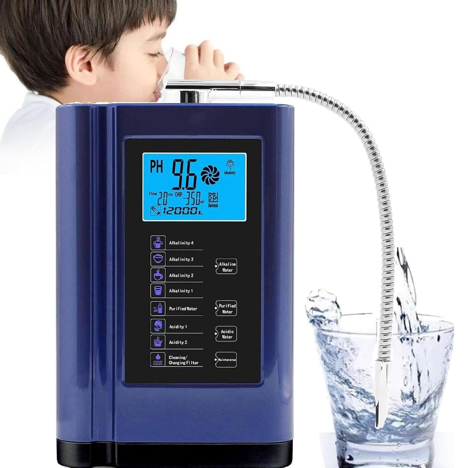 Jonizator wody alkalicznej, pH 3,5-10,5, system filtracji wody do domu Blue | 7 ustawień wody, 8000 litrów na filtr, automatyczne czyszczenie, inteligentny głos