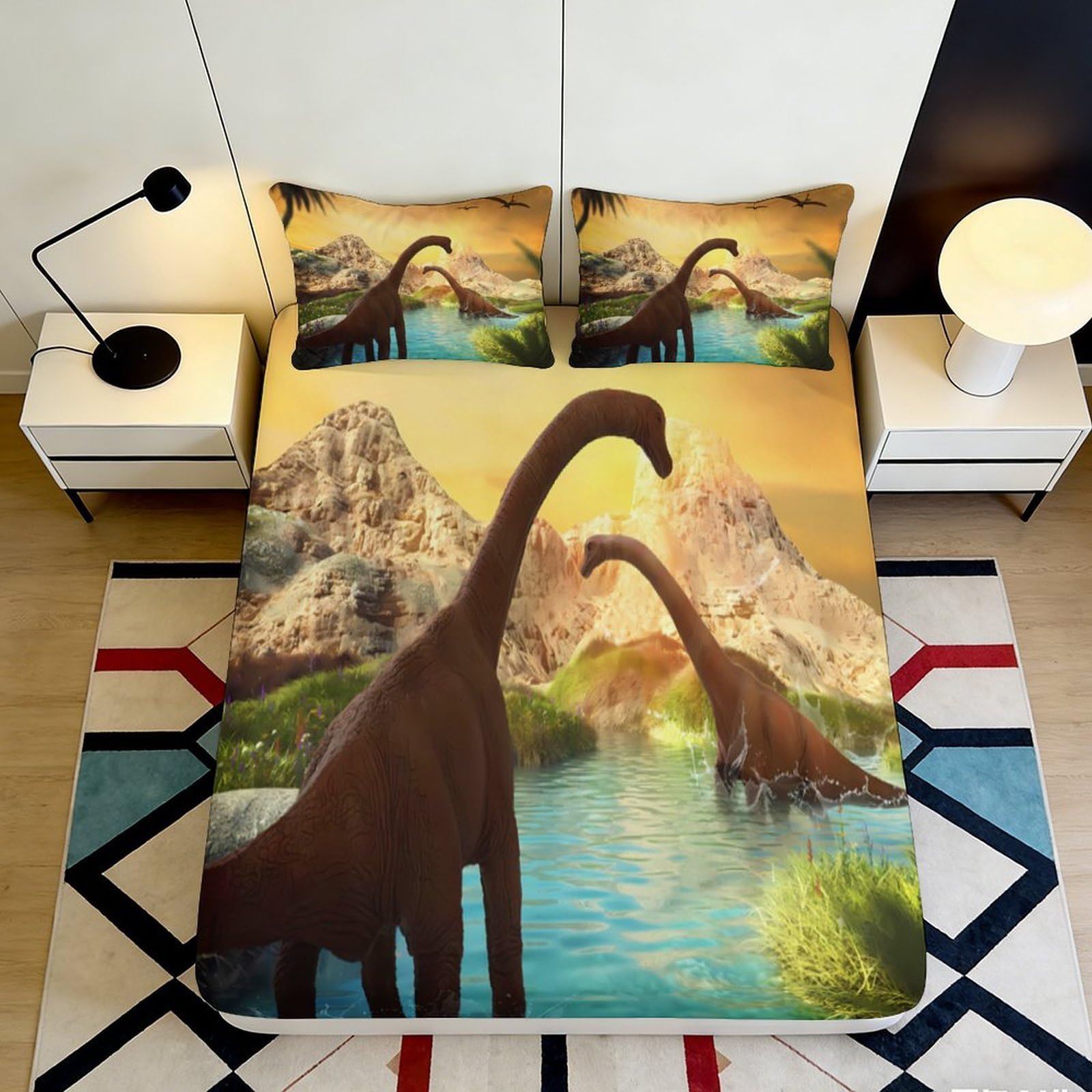 3D Printed Dinosaur Lake Fitted Sheet Microfiber Soft Anti-Slip Sunset Mountain Bed Cover Bedroom Decor 120x200x25cm