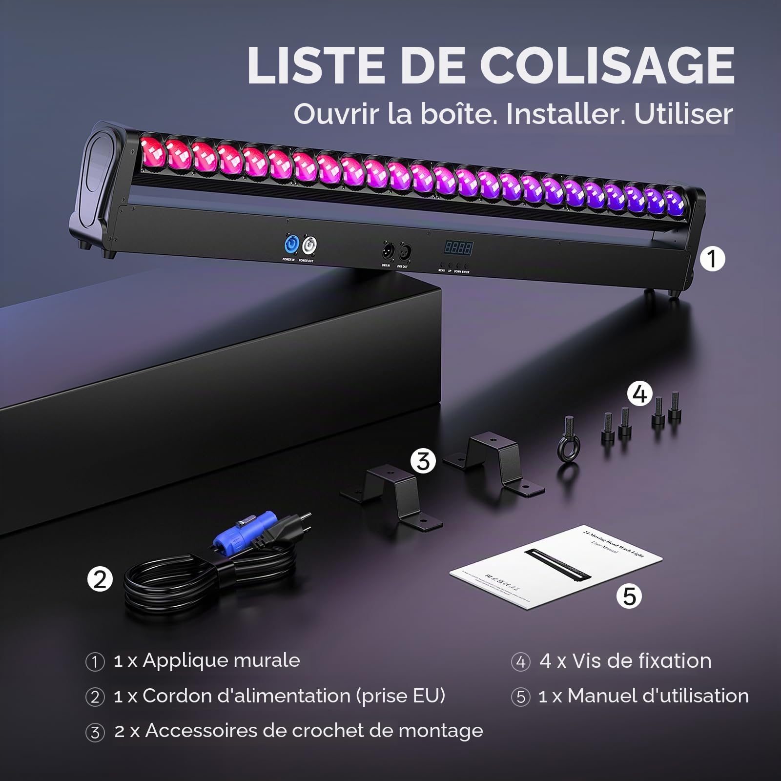 2PCS Barre de Projecteurs Wash Lyre LED RGBW 24x12W, Faisceau 2° Stroboscope et Variateur d-mx512 Activée par le Son pour Scène Mariage DJ Soirée Club