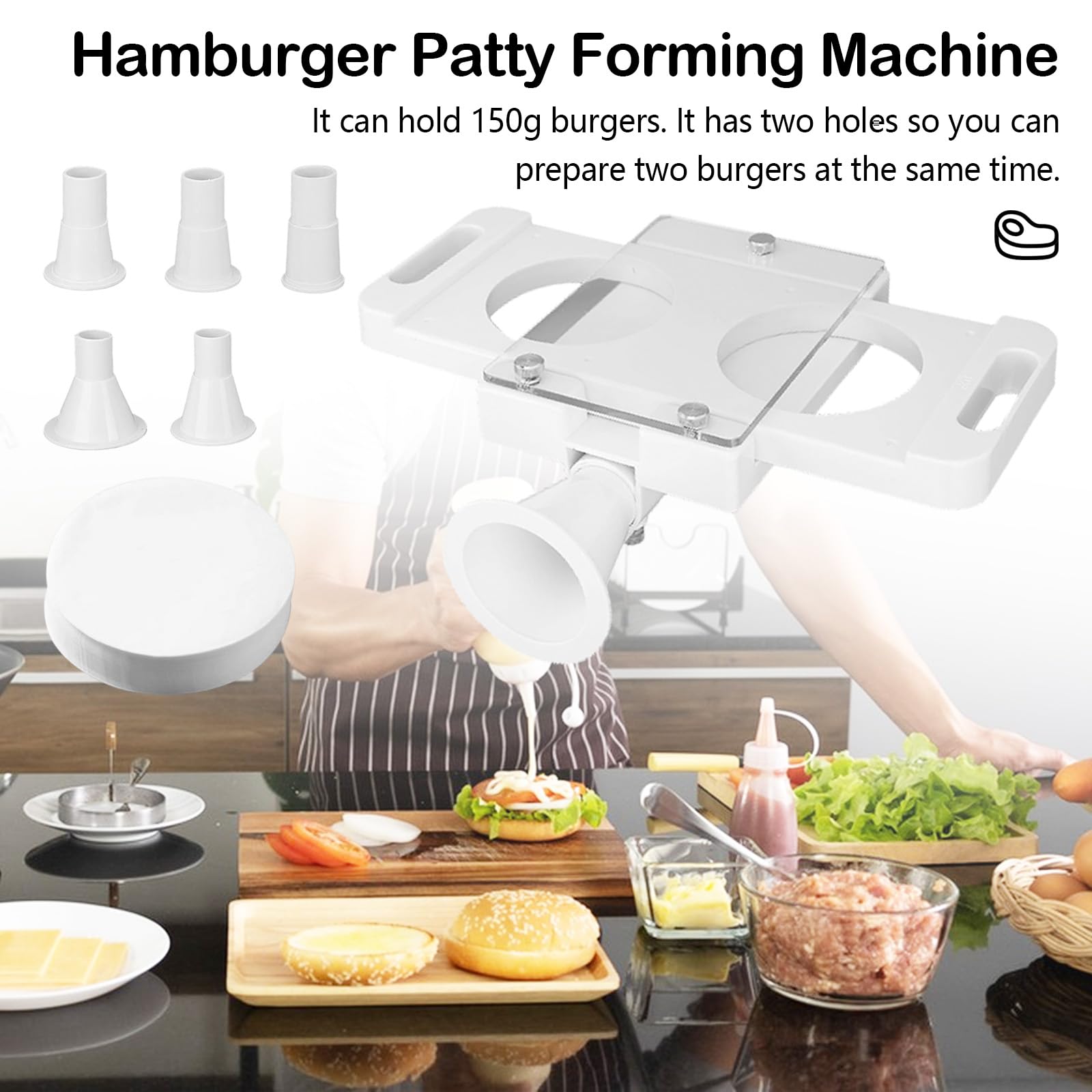 Presse Steak Haché, Fabricant de Moules de Pressage de Hamburger Pressing Maker avec 50 Papiers Antiadhésifs et 5 Tubes adaptateurs Burger Machine Meat Patty Forming pour Saucisse Remplisseur Viande