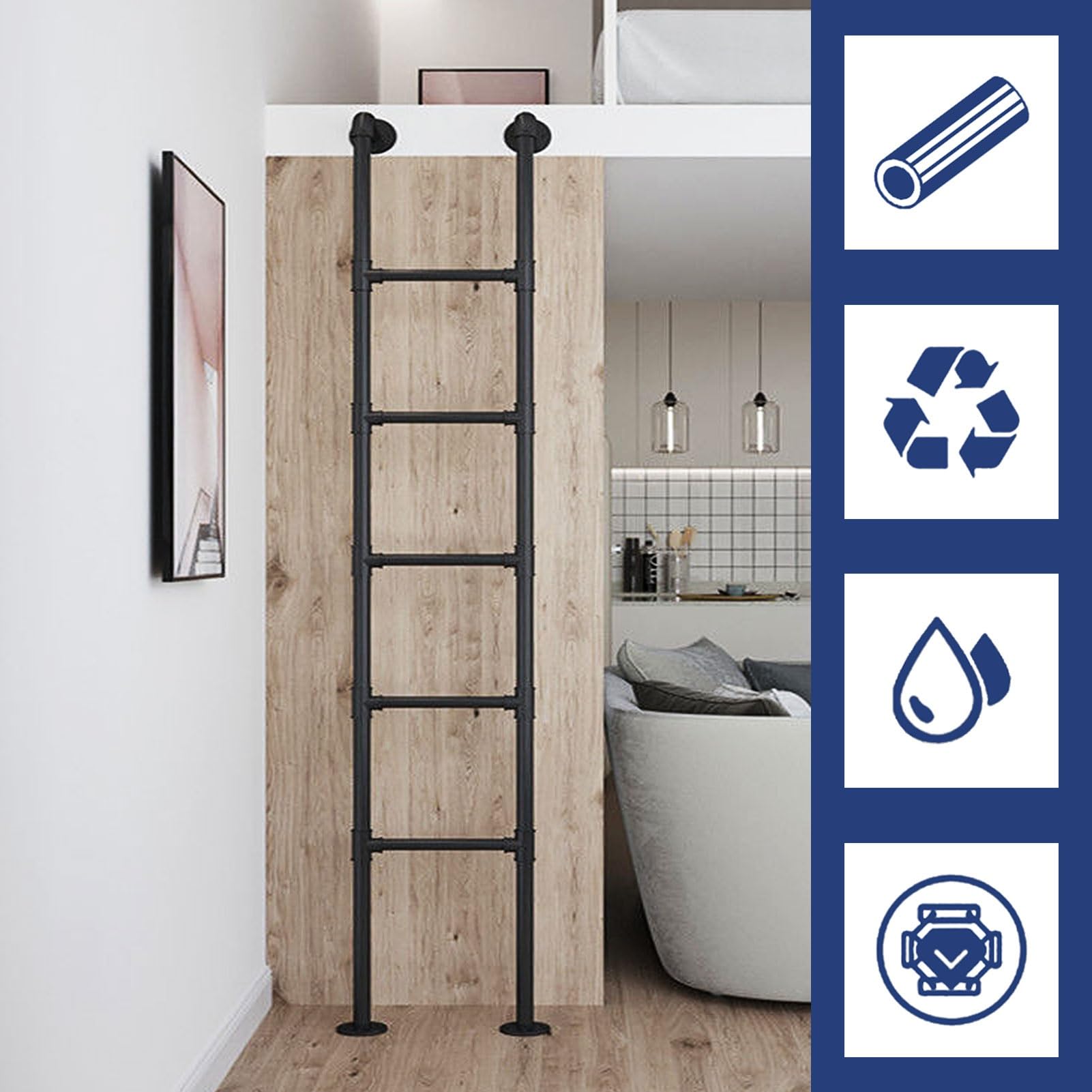 Schwarze Trittleiter aus Metall – Wandmontage, 1m 120cm 1,5m 2m 2.4cm 300cm Hochbettleiter, Kellerfensterschacht-Ausstiegsleiter, Etagenbettleiter für Wohnmobile, Tragkraft 150 kg(110cm/43in)
