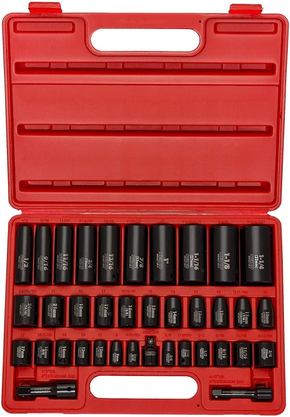 NEIKO 02443A 3/8" and 1/2" Drive Master Impact Socket Set | 38 Piece | Standard SAE (Inch) and Metric (mm) Sizes Below | Deep and Shallow Kit | Cr-V Steel | Includes Duometric Sockets