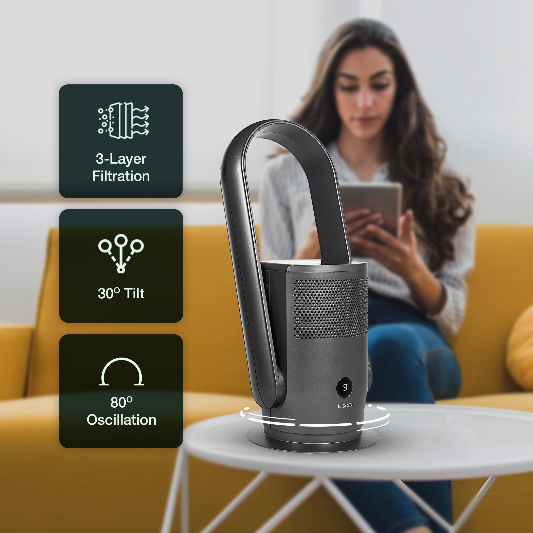 Tesora Bladeless Fan With Air Purifier 24" | H13 Filter| Remote Controlled| Three Layer Filteration |9-Speed Control |8 Hrs Timer (Grey) 3
