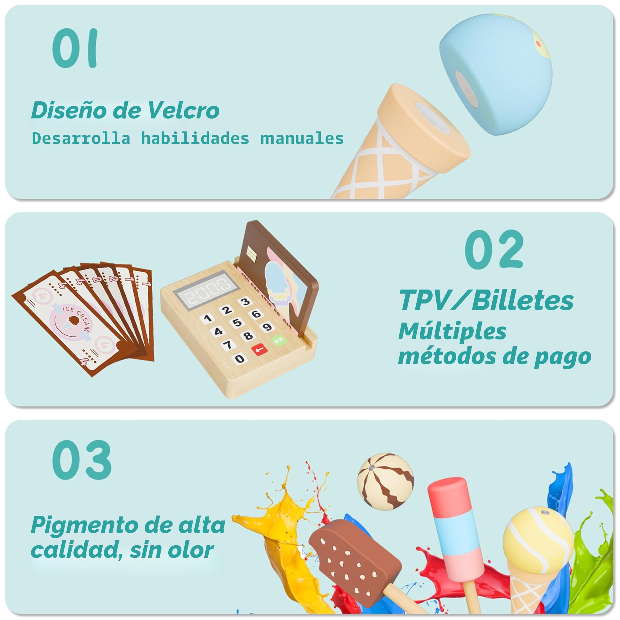 Heladeria Juguete, Heladería de Madera, Cocinita Infantil Tienda de Helados Accesorios de Cocina con Comiditas de Juguete & Dinero para Jugar, Regalo para Niños Y Niñas de 3 Anos Y Más