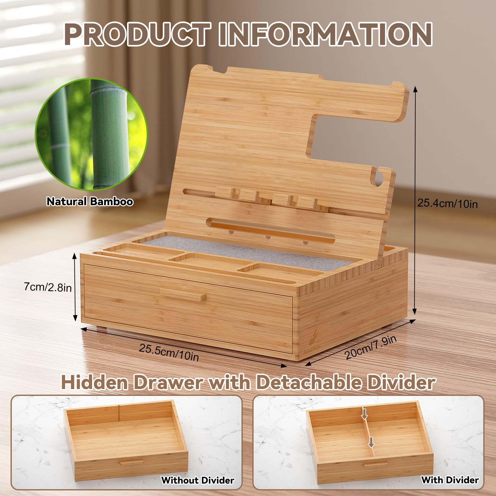 Pezin & Hulin Wood Nightstand Organizer Tray, Bamboo Phone Docking Station with Drawer, Bedside Valet Tray for Multi-Device - Image 2