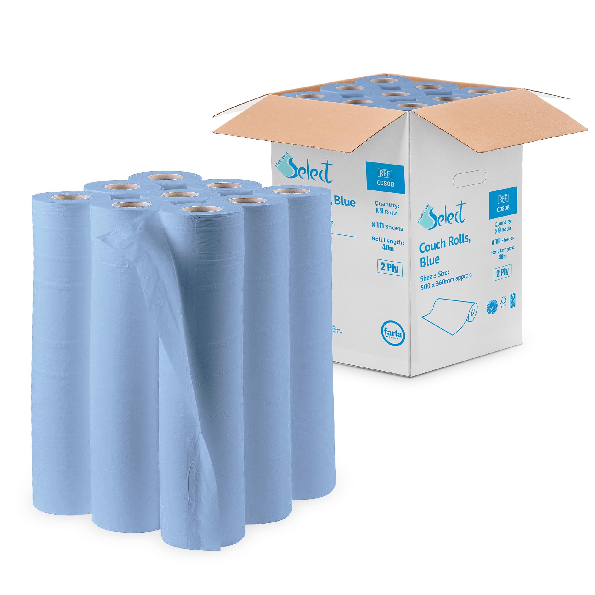 Sponsored Ad – Farla Medical Select Hygiene Premium Rectangular Paper Couch Roll - Medical Beauty Massage Paper Roll - 2 Ply - 40 Metres per Roll - Blue - Pack of 9-20 inches (50cm)