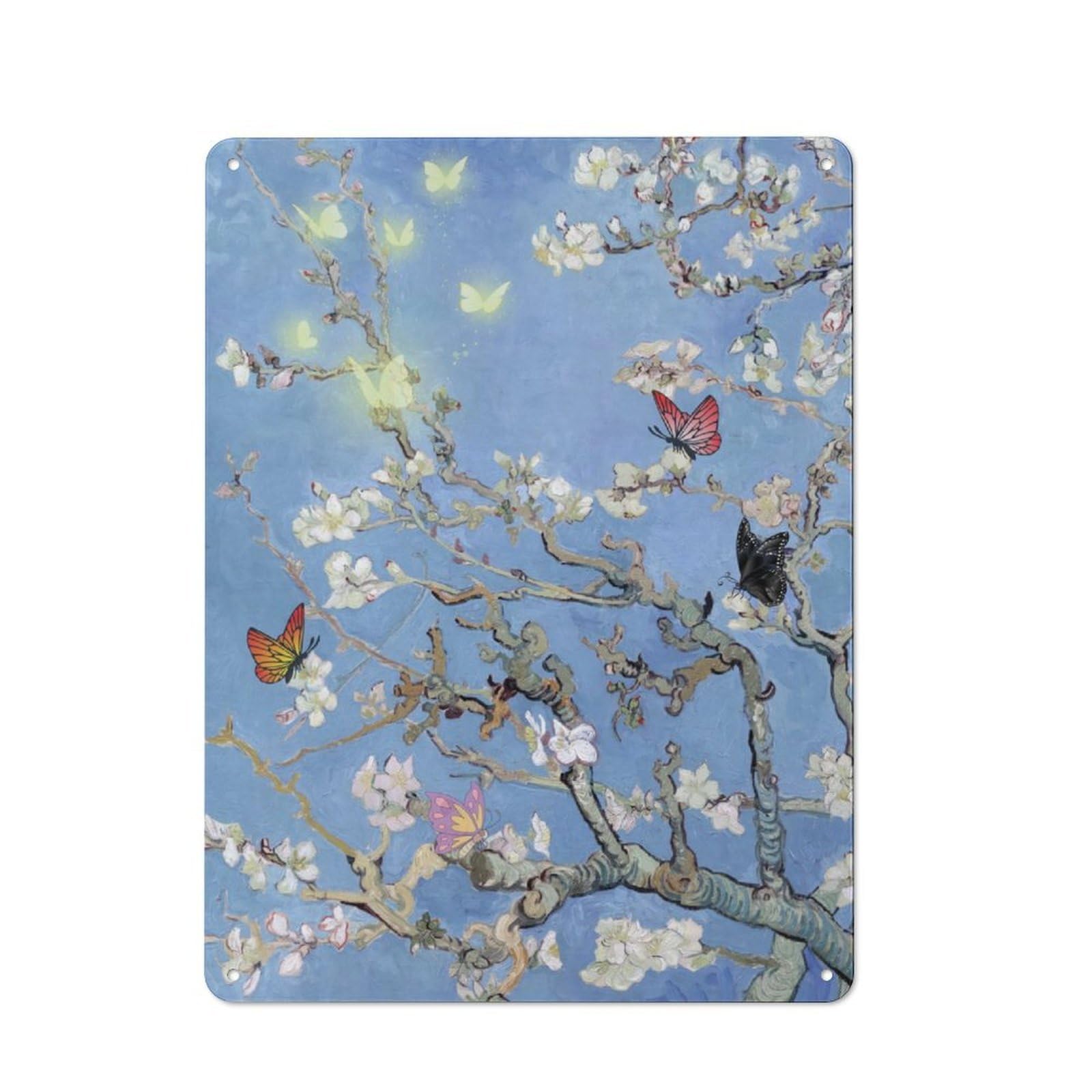 Junmoney Almond Blossom Butterfly Printed Metal Sign 40X30cm For Living Room Or Hallway, A Decorative Christmas Gift For Living Room Decor Lovers