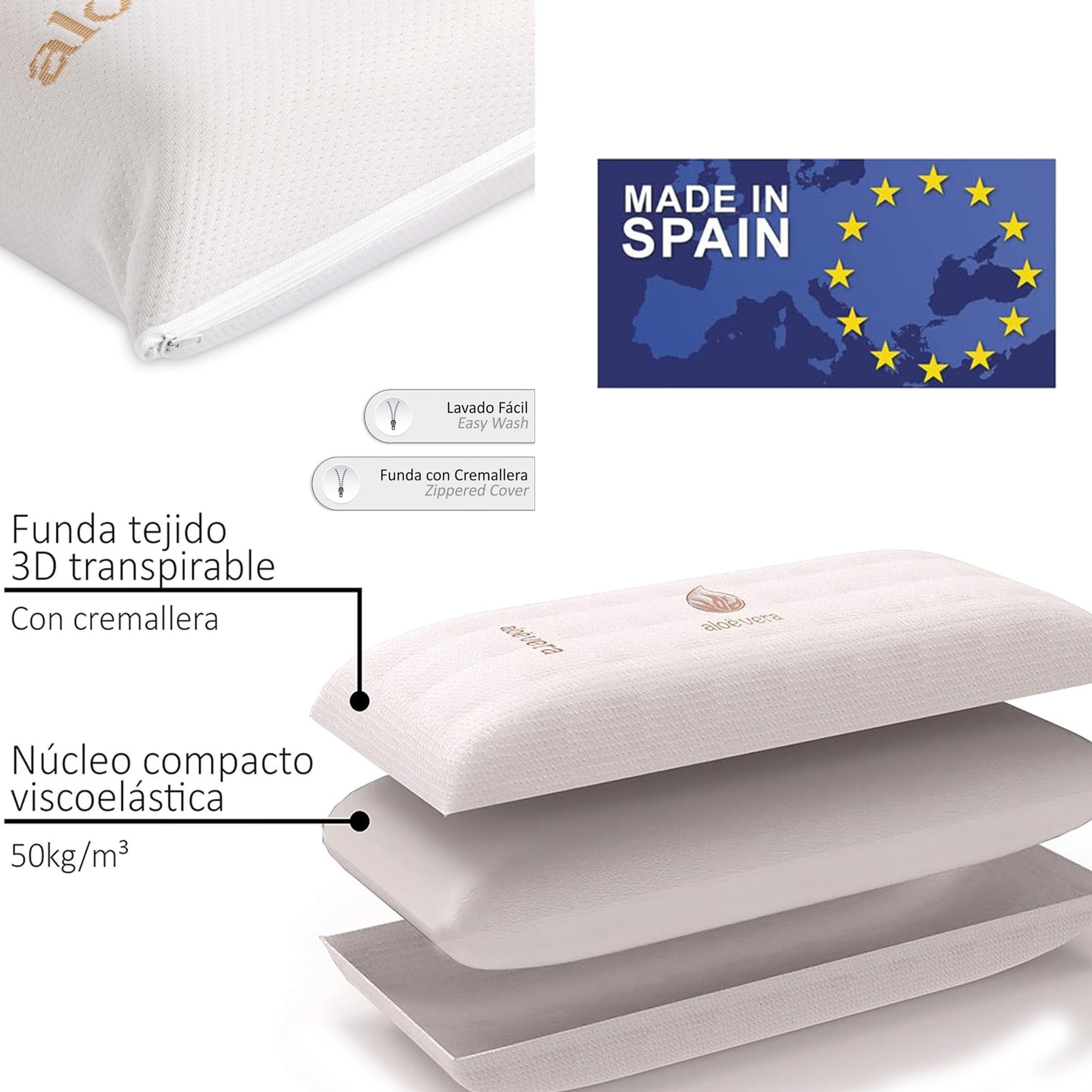 various Almohada Viscoelástica 100% Núcleo Viscoelástico, Funda de Aloe Vera, Anticácaros Antibacterias, Termorregulable y Ergonómica, Libera Presión Cervical, Fabricada en España Visco 150cm