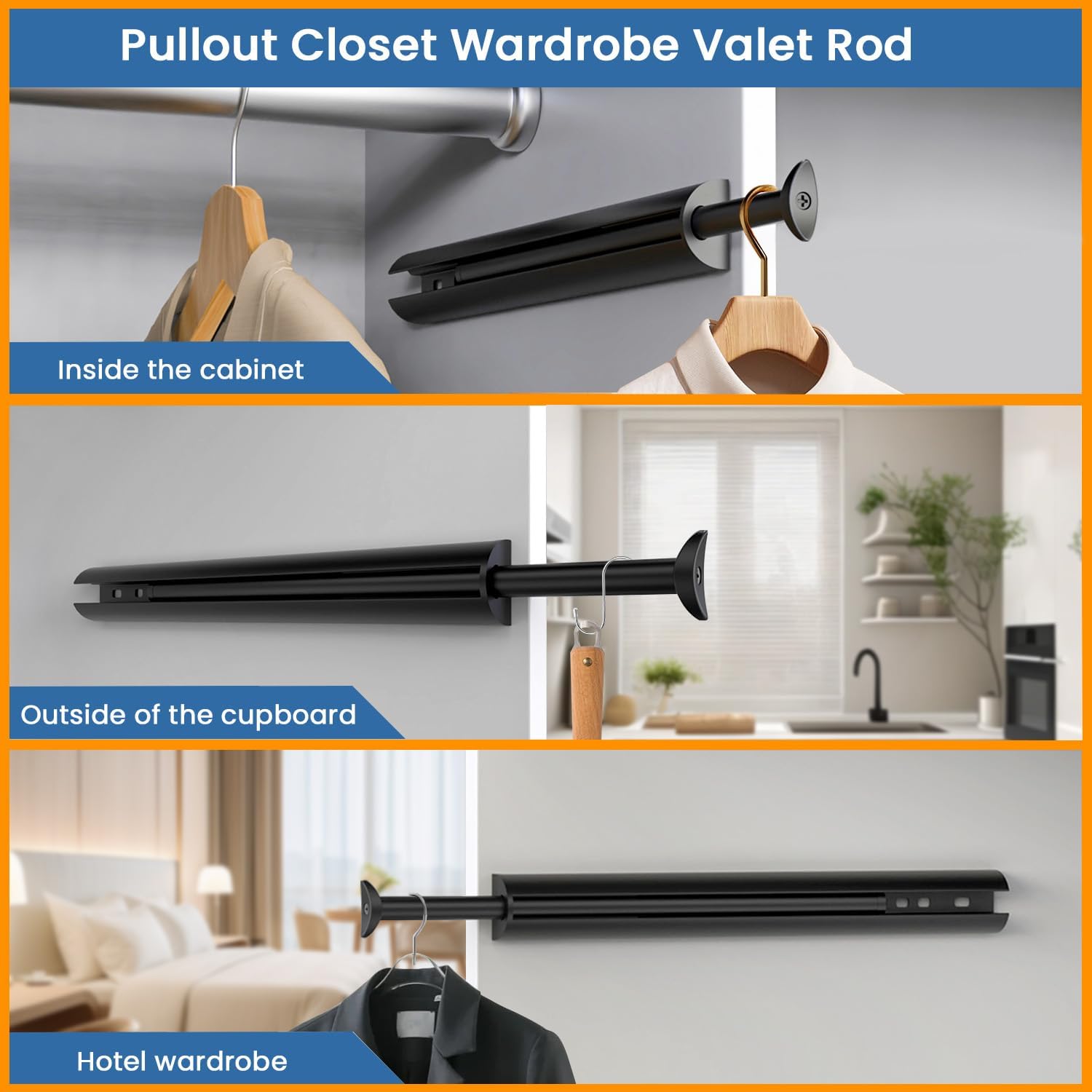 Valet Rod 14-Inch, Pull-Out Closet Clothes Closet Hanging RodMetal Telescoping Adjustable, Rust-Free Closet Hanging Clothes Hat Rack Rod (Mounting Screws Included)-Black