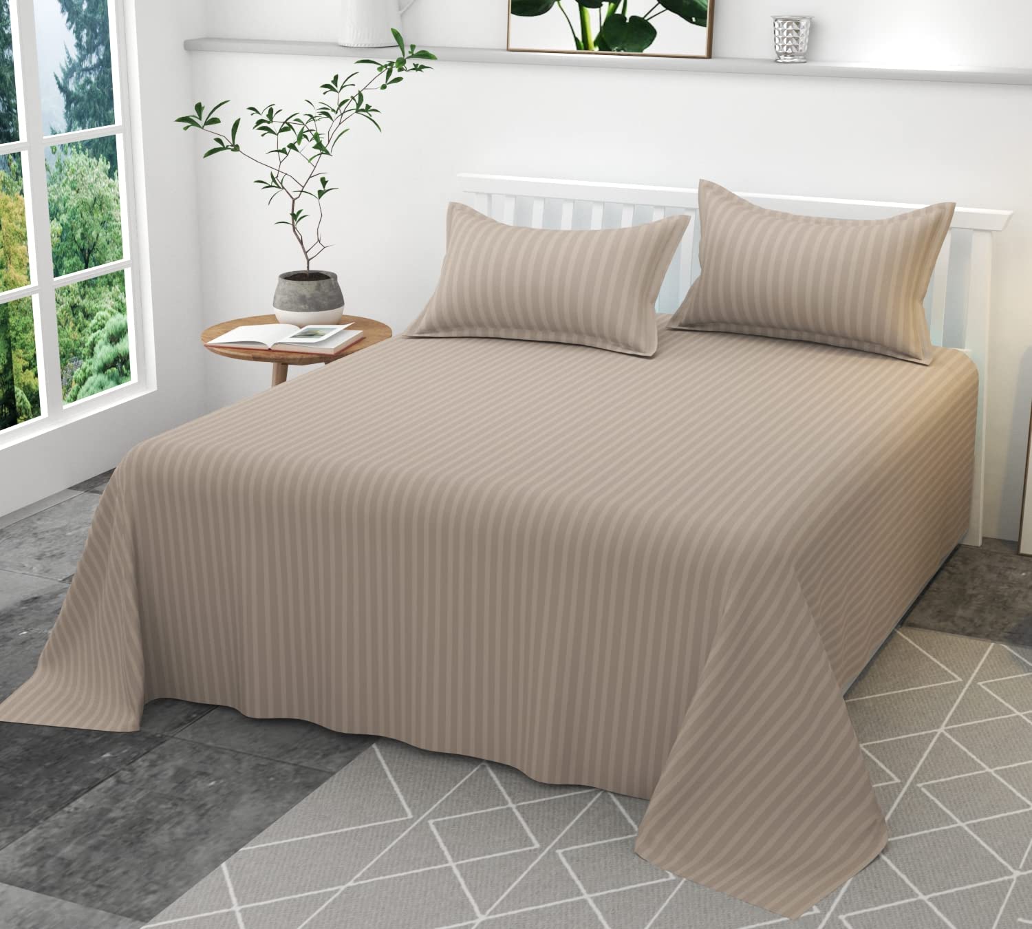 YUKU 210 TC Glace Cotton Plain Stripe Queen Size Only Double Bedsheet for Home, Hotel, Guest Room (90 X 100) Inch Tan (B0CJMH9WQQ) Amazon Price History, Amazon Price Tracker